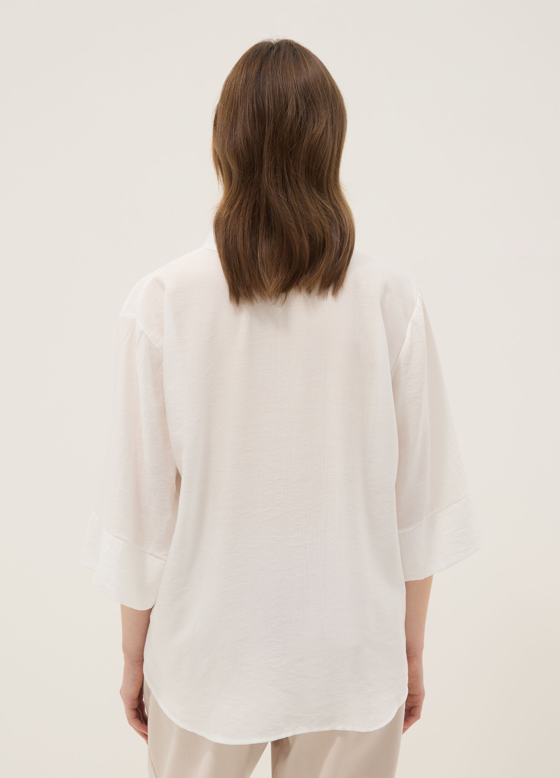 White viscose-blend blouse, regular fit, with Mandarin collar