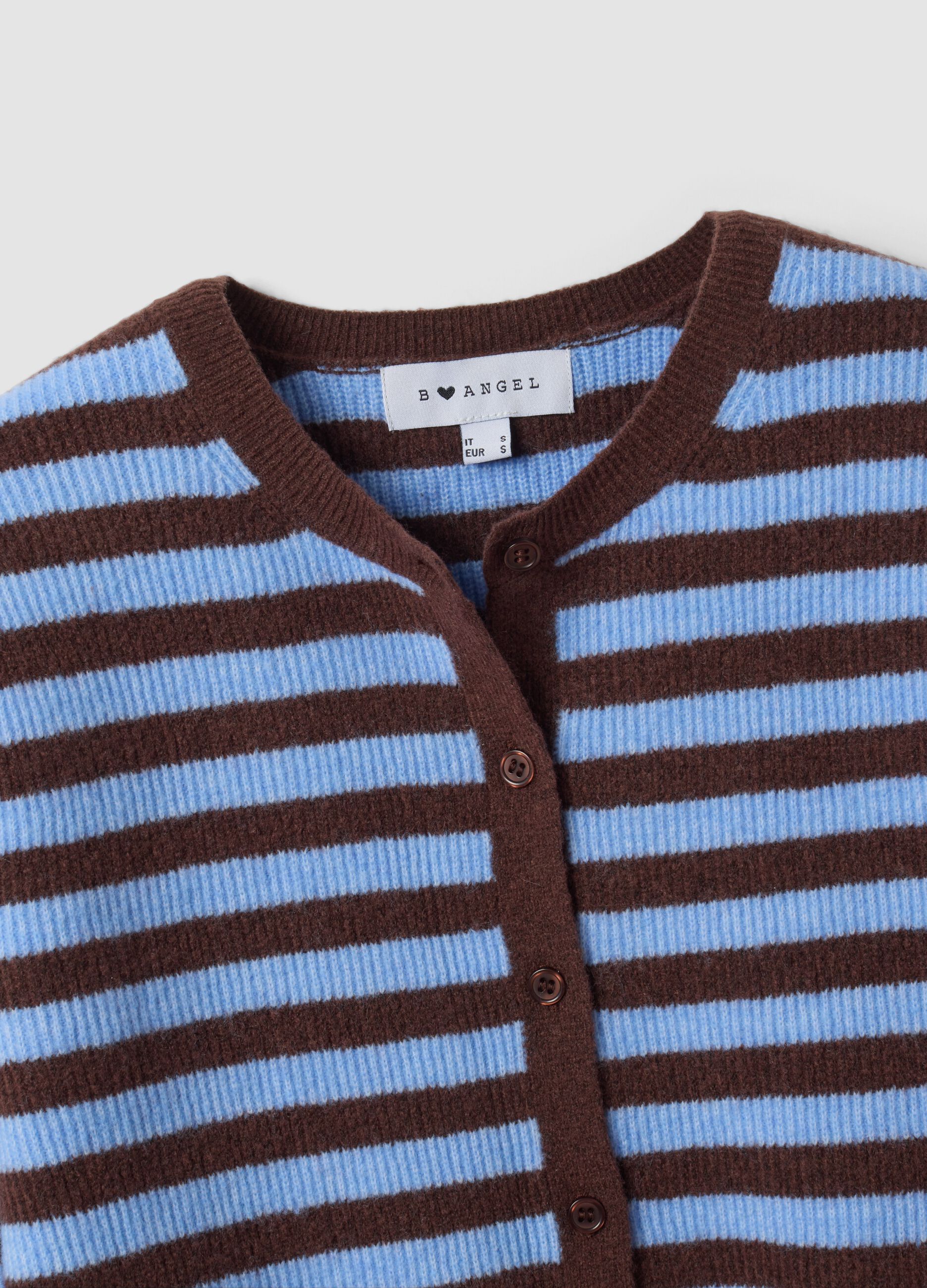 Blauer, gestreifter Oversize-Cardigan mit Rundhalsausschnitt aus Lyocell-Wollmix