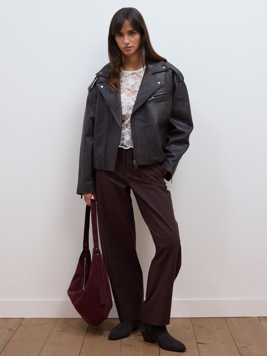Braune oversized Bikerjacke aus echtem Leder_1