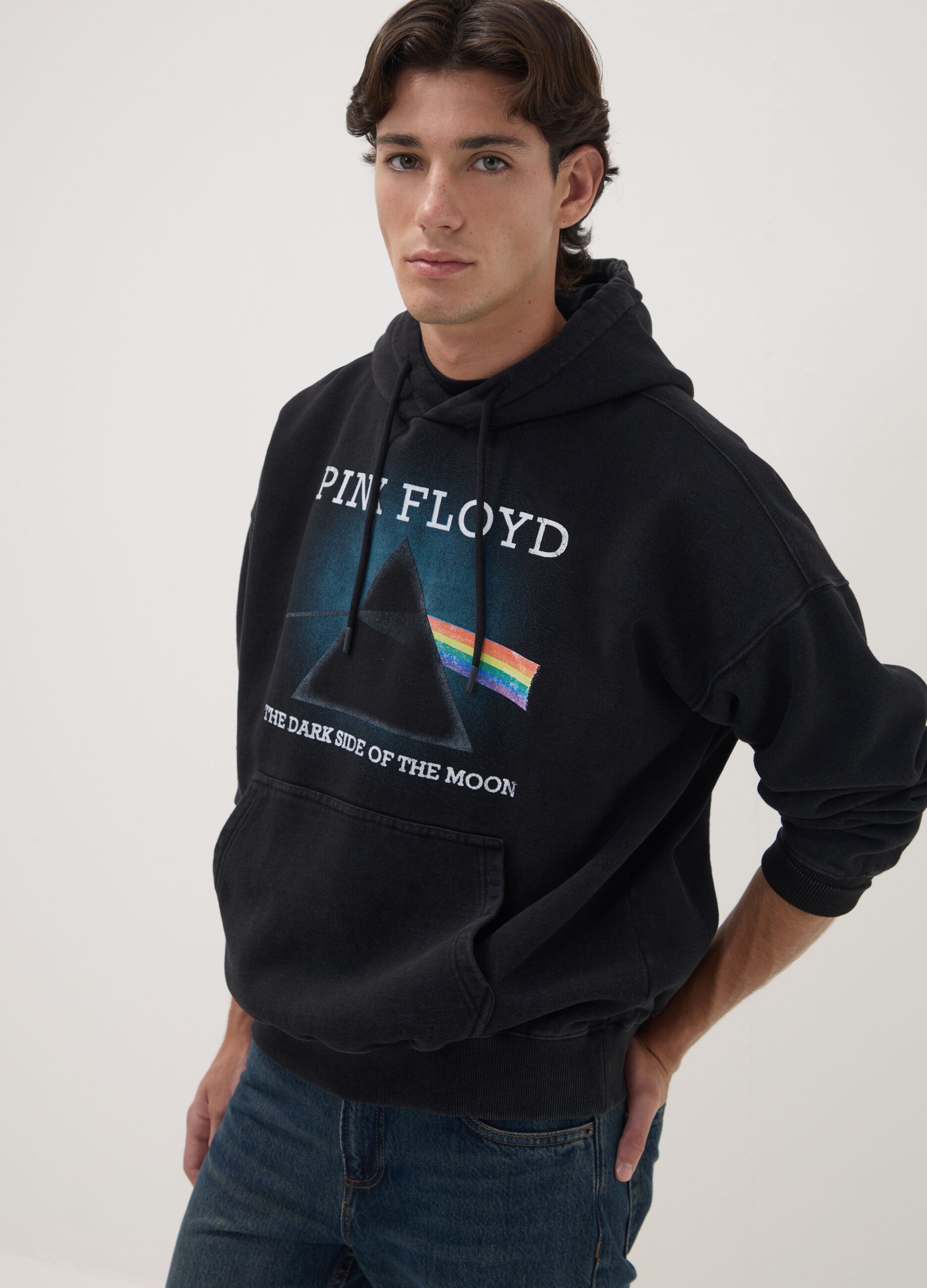 Black cotton-blend hoodie with Pink Floyd print