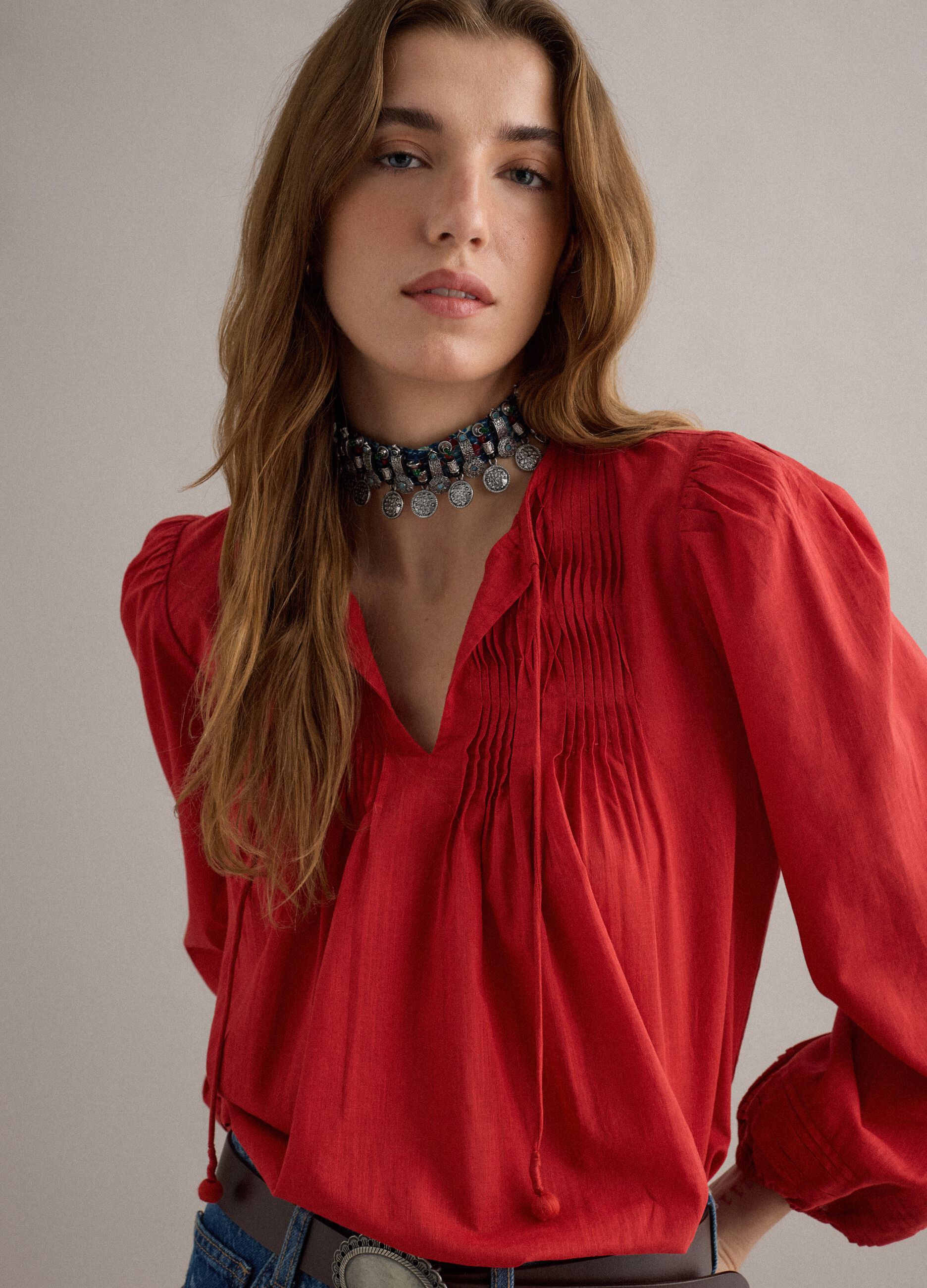 Camisa vermelha de manga curta em algod&atilde;o puro