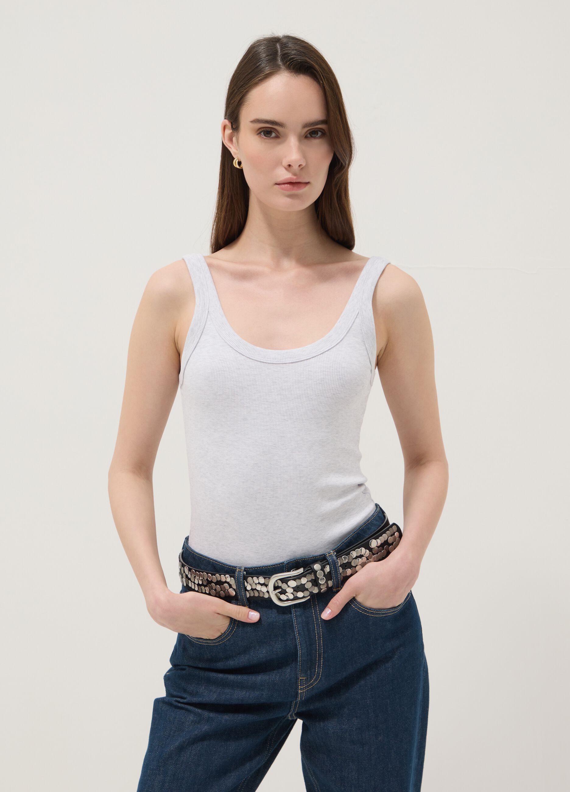 Grey ribbed stretch cotton bodysuit with wide neckline