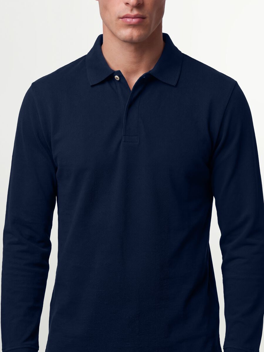 Navy stretch-cotton long-sleeve polo shirt, regular fit_2