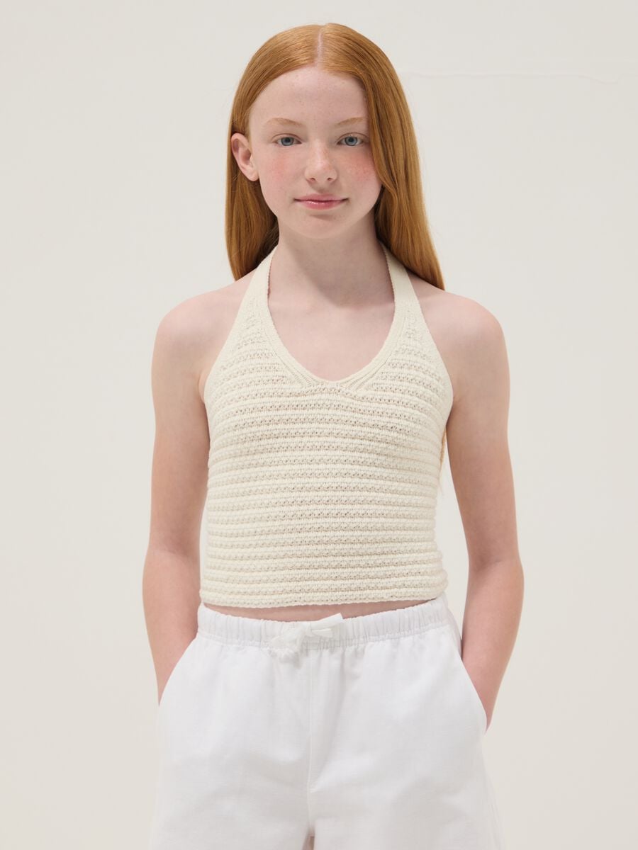 White cotton-blend knitted top_1