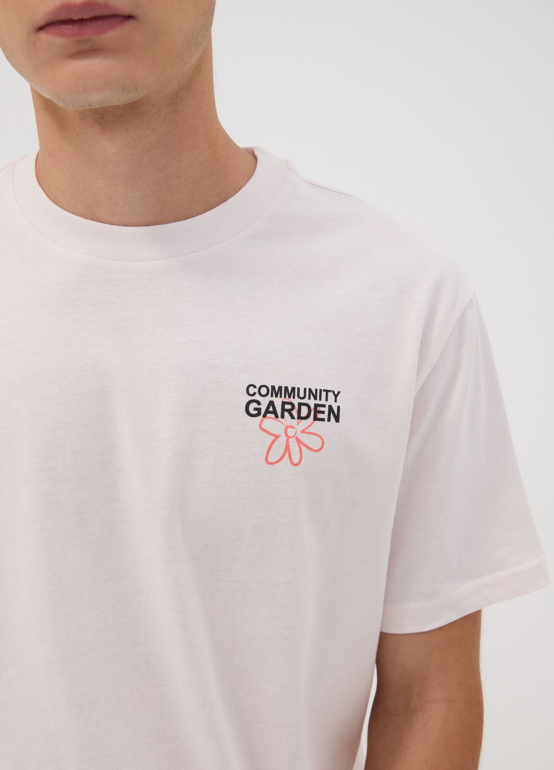 White pure cotton jersey T-shirt with print, regular fit