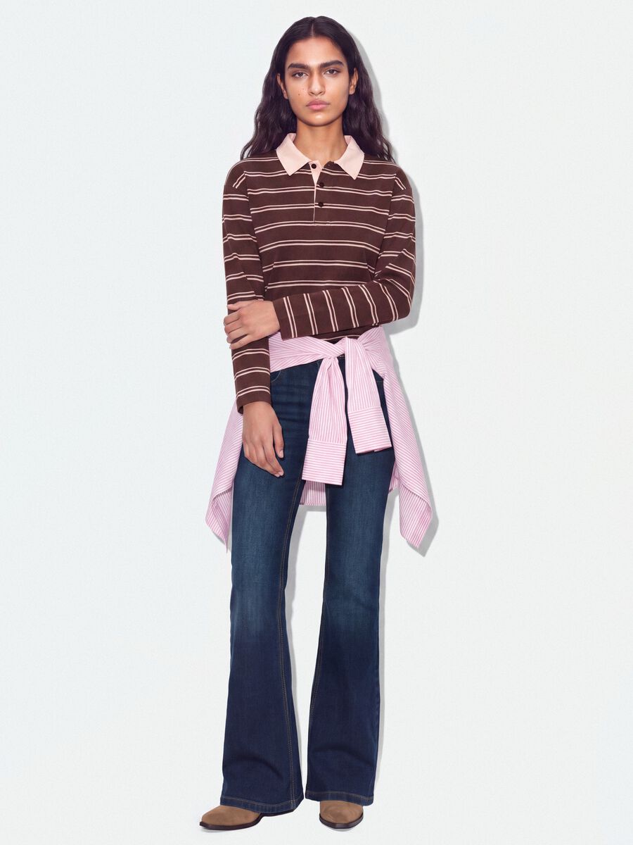 Brown striped long-sleeve pure cotton polo shirt, regular fit_2