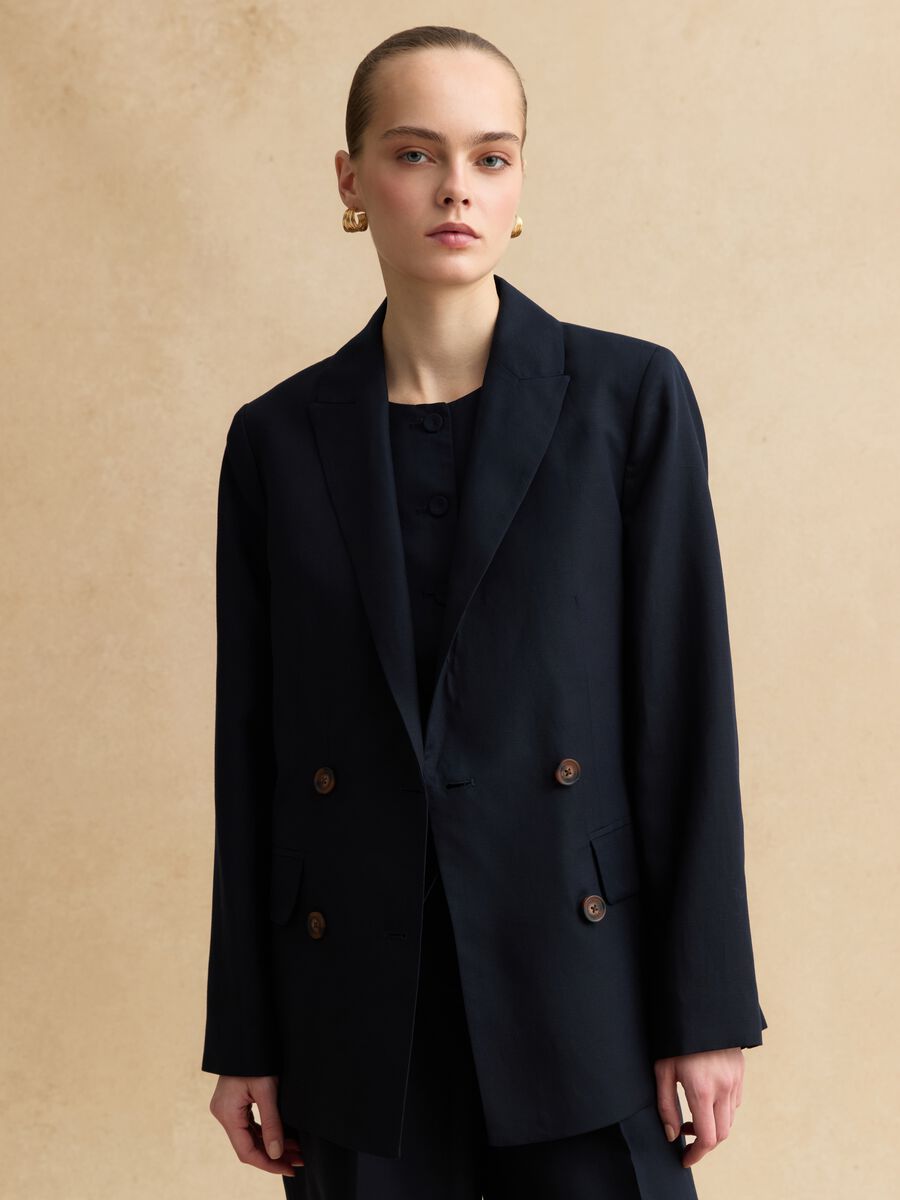 Blazer crois&eacute; en Lyocell et lin bleu, coupe regular_1