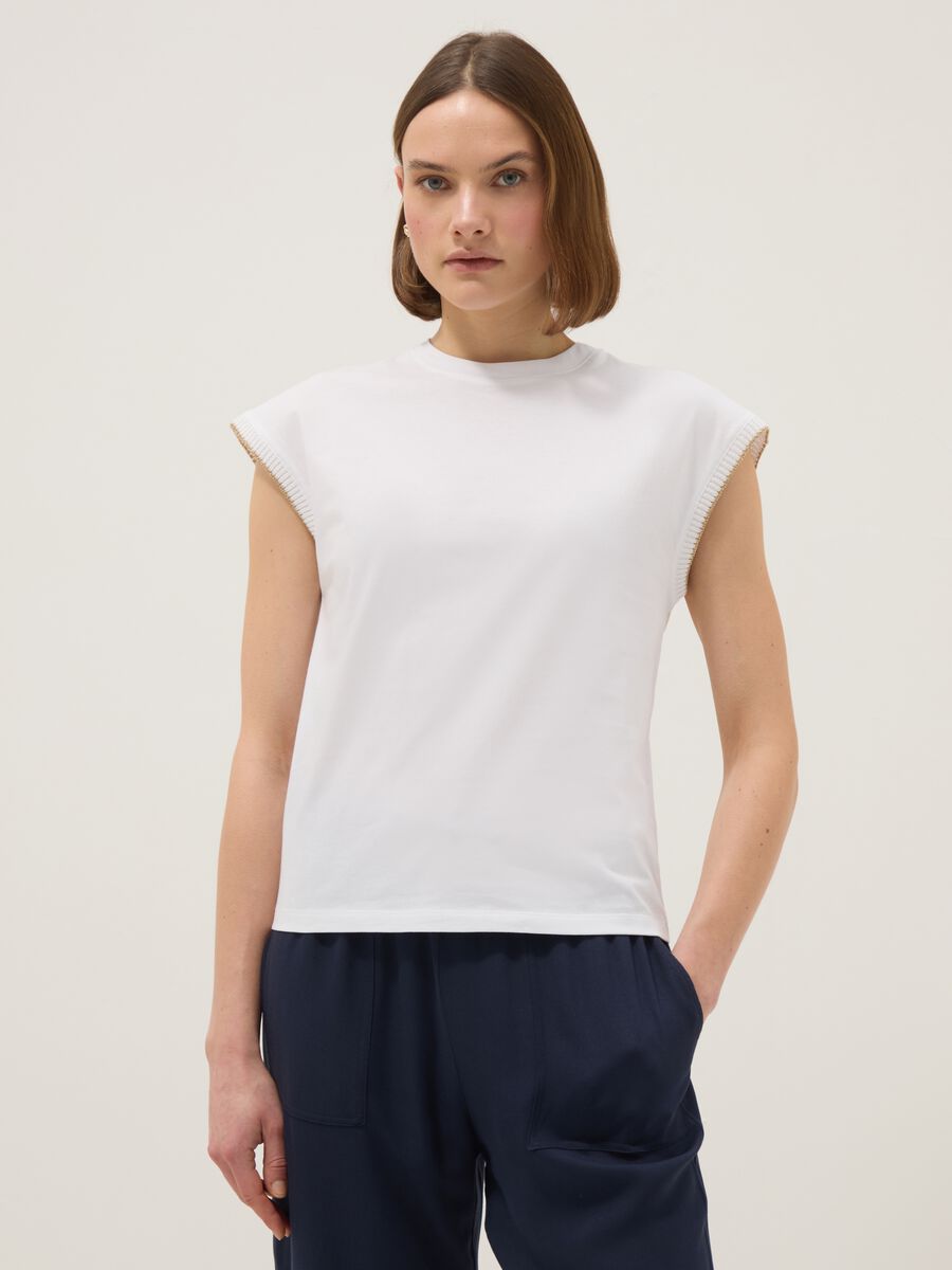 White sleeveless pure cotton T-shirt, regular fit_1