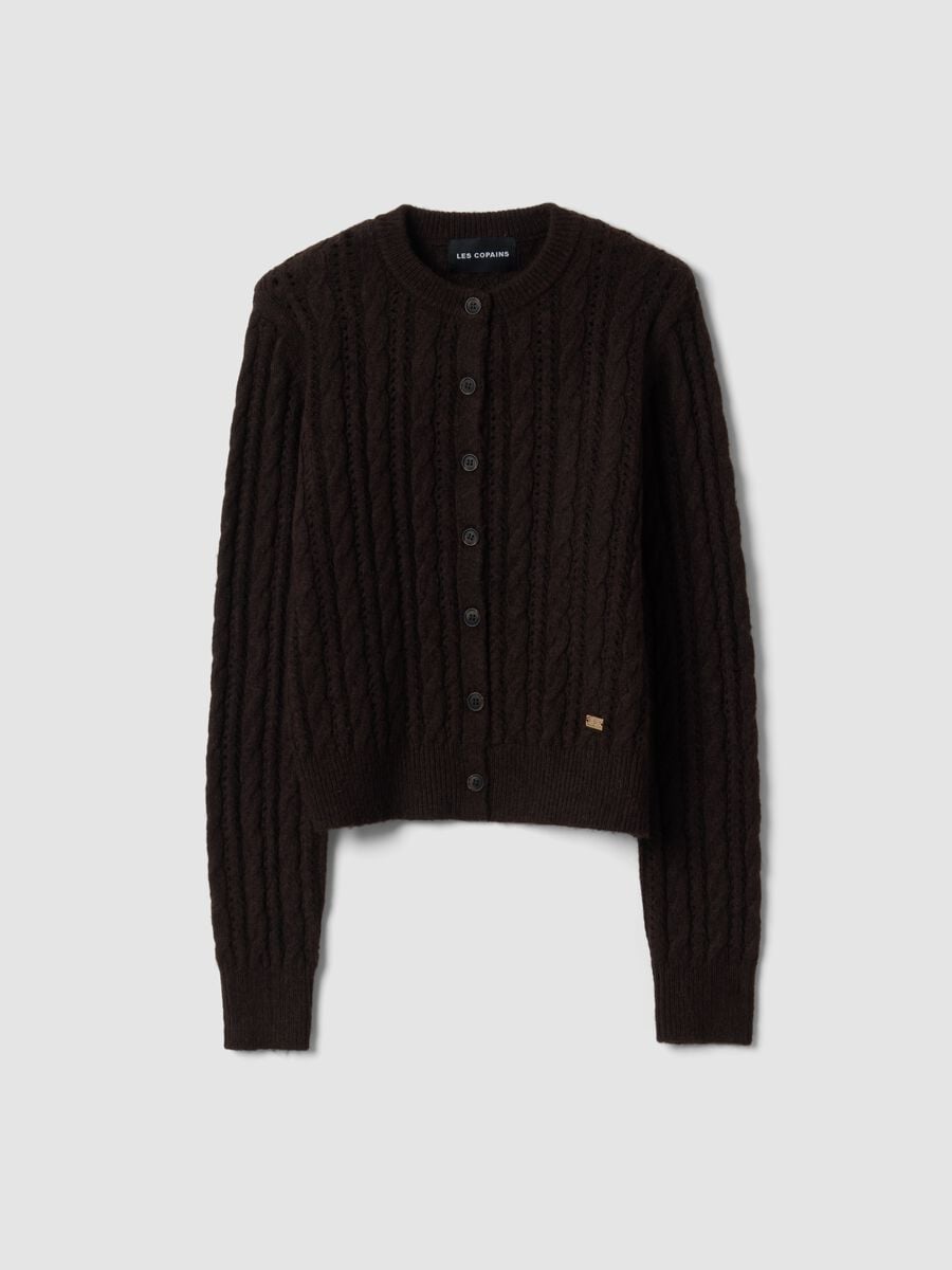 Brown cable-knit wool-blend cardigan_0