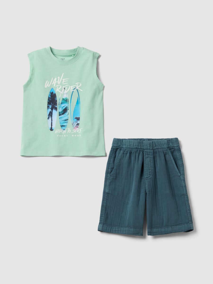 Green and blue pure cotton set with sleeveless top and shorts for boys, regular fit_0