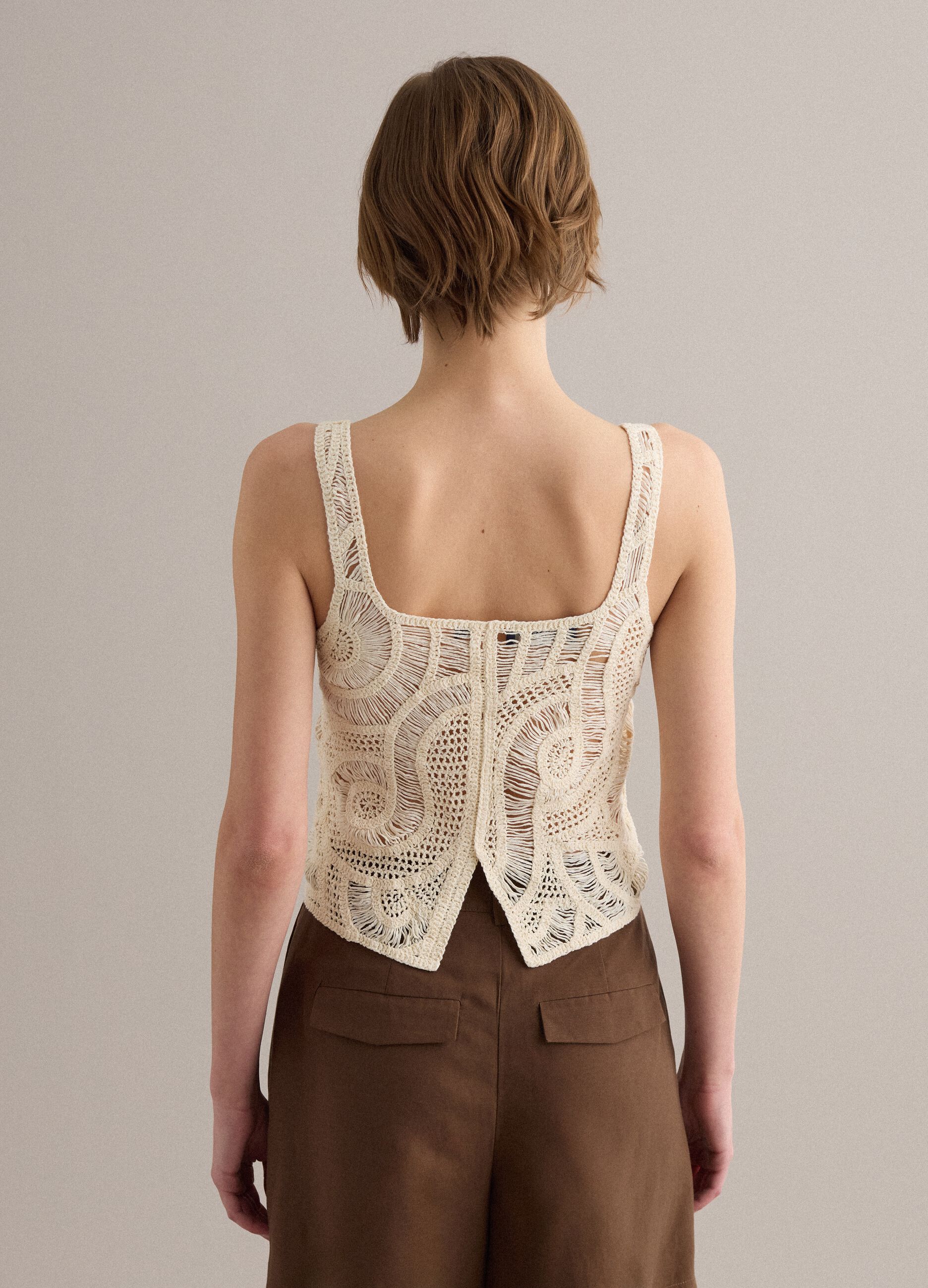 Beige crochet cotton-blend tank top