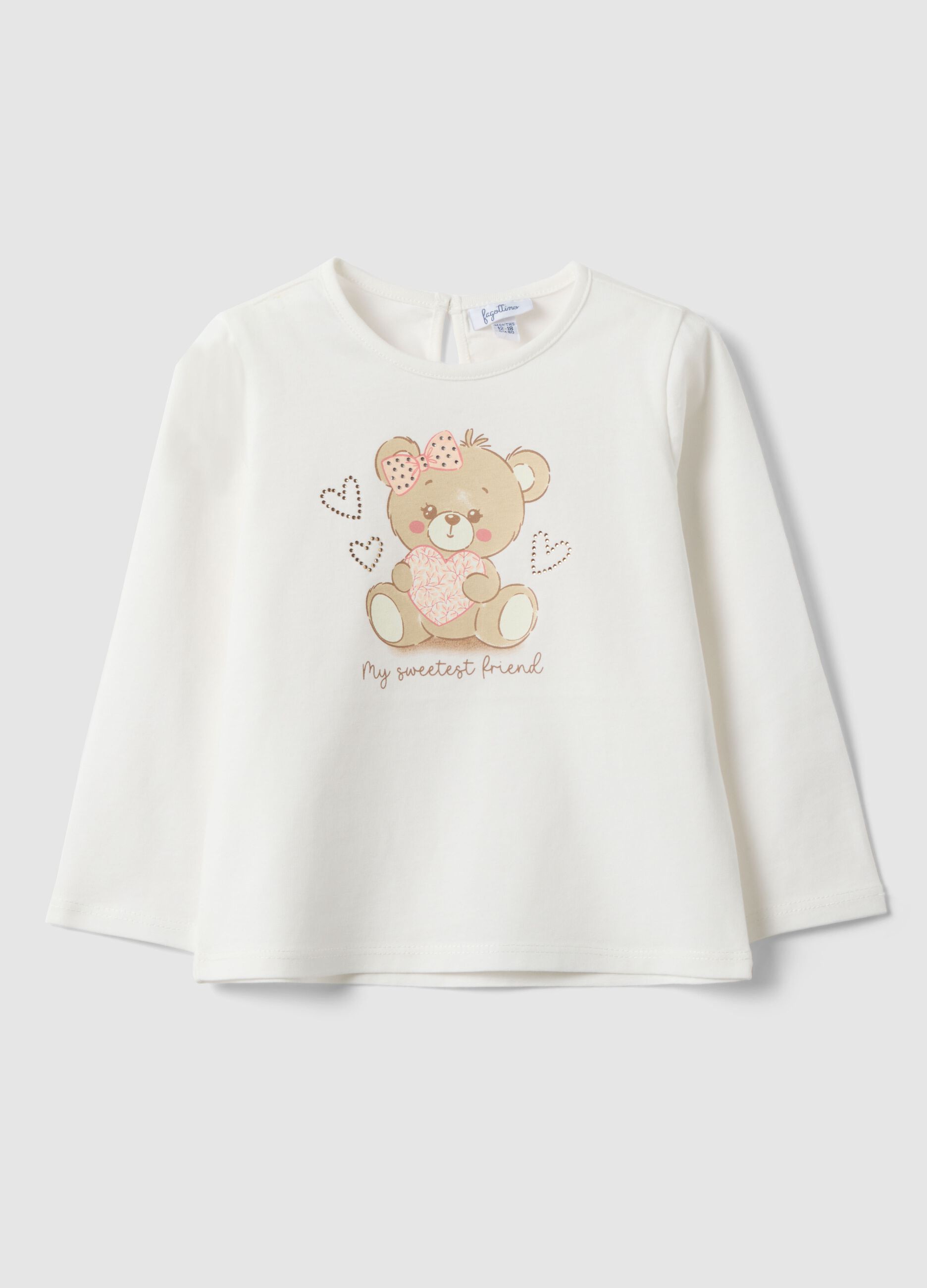 Girls&rsquo; white pure cotton regular-fit T-shirt with teddy bear motif