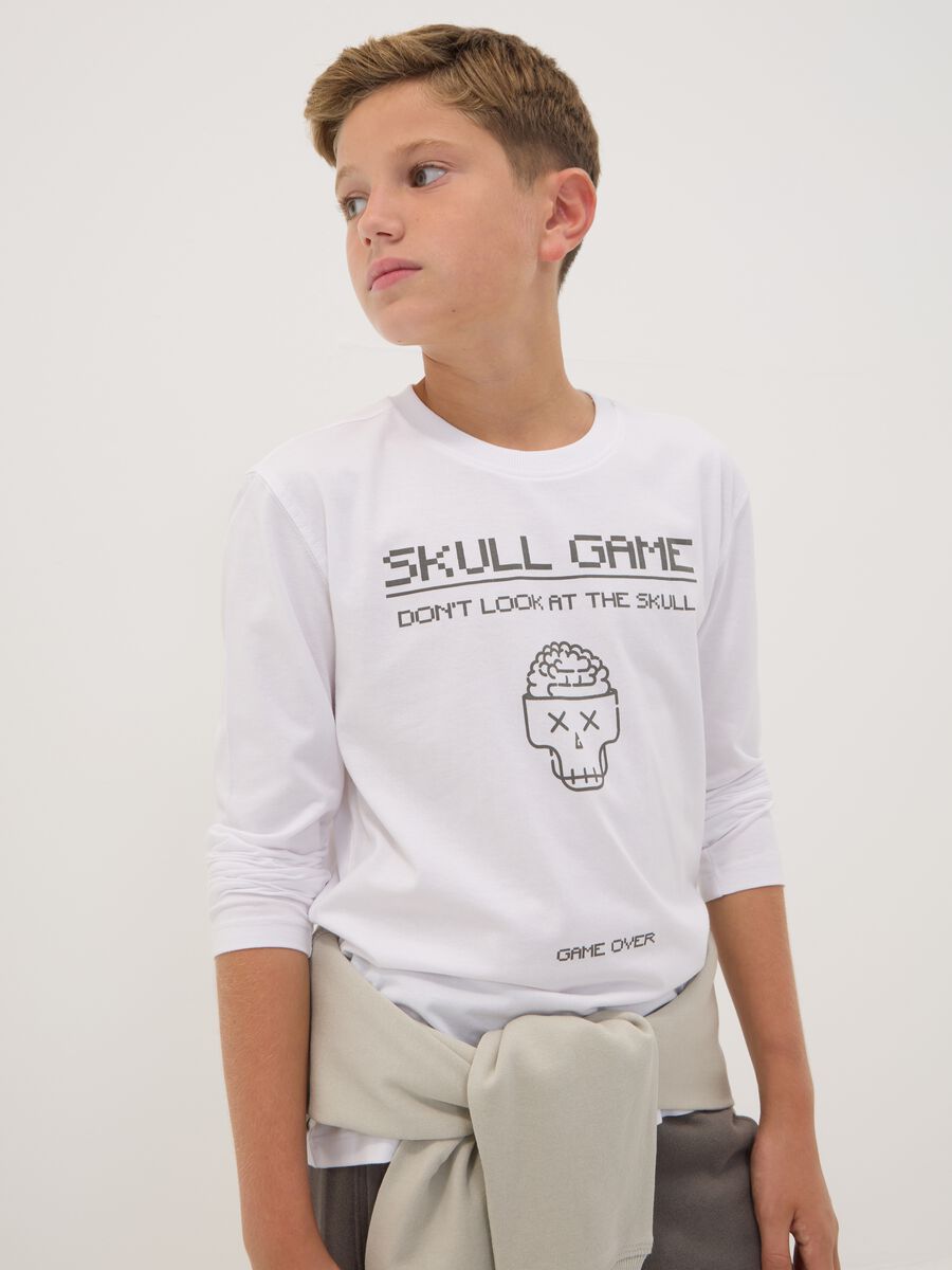White pure organic cotton crew-neck T-shirt with skull print for boys_0