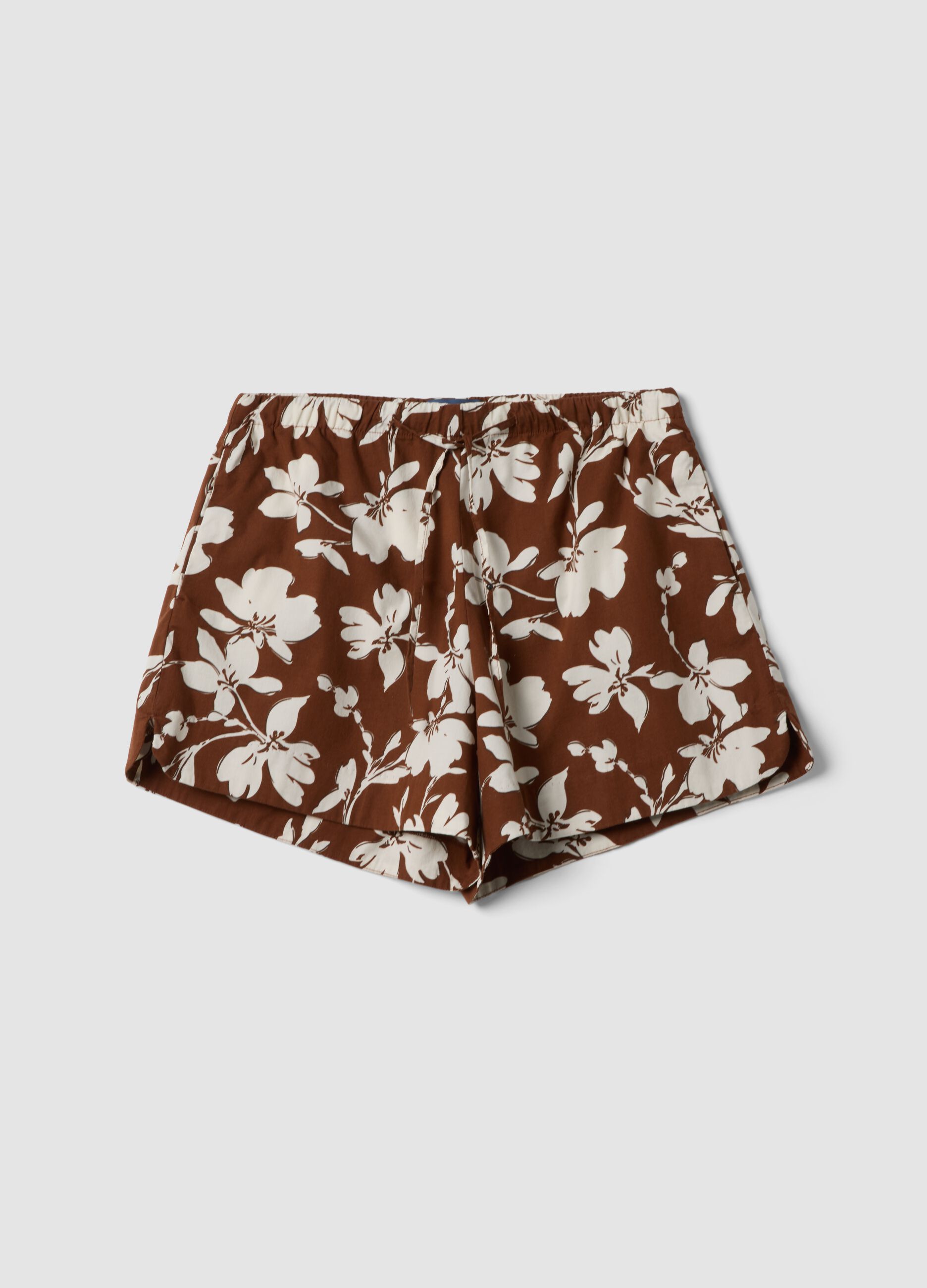 Brown stretch cotton shorts with floral print