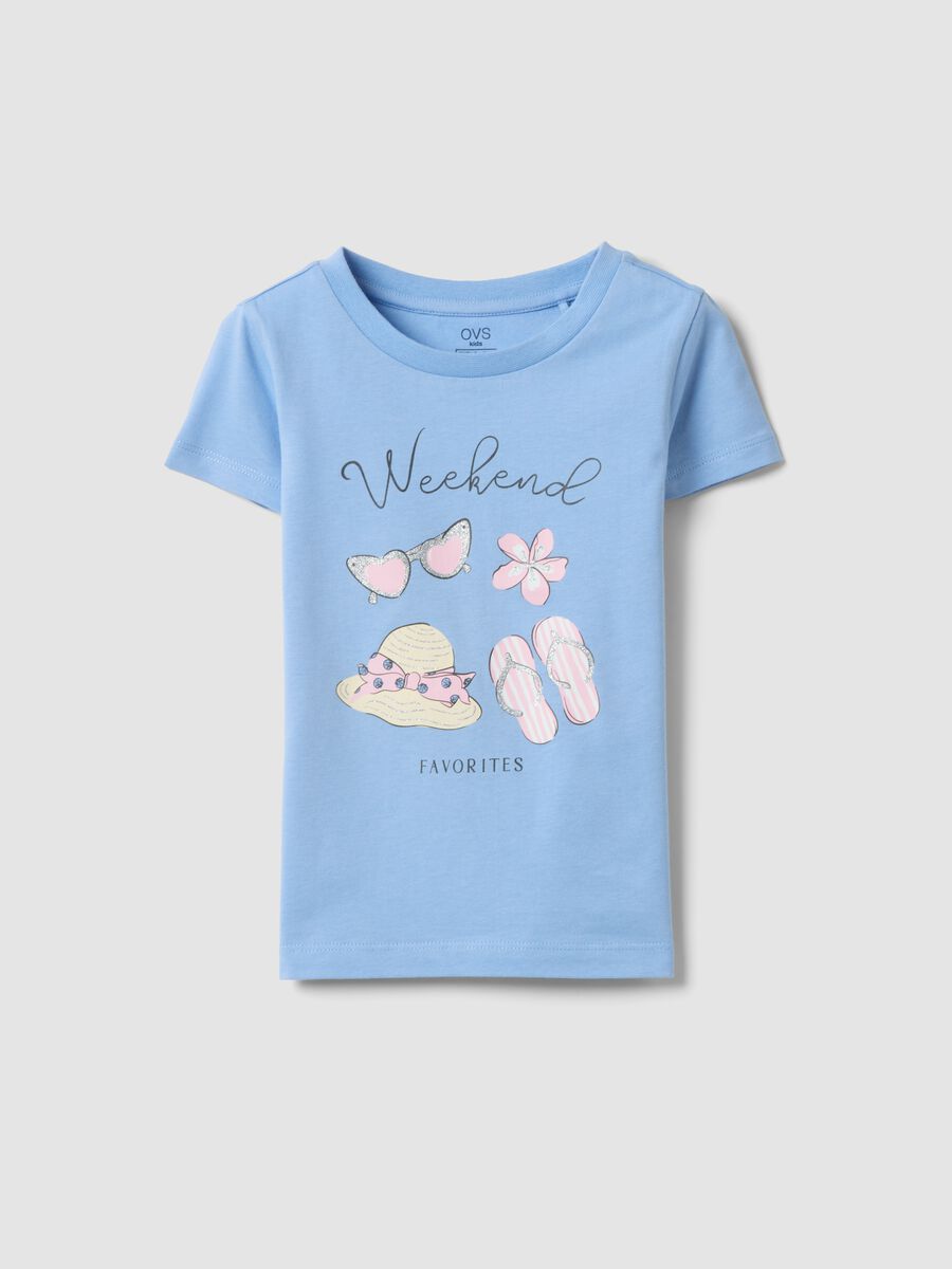 Girls&rsquo; light blue pure organic cotton T-shirt with print and glitter_0