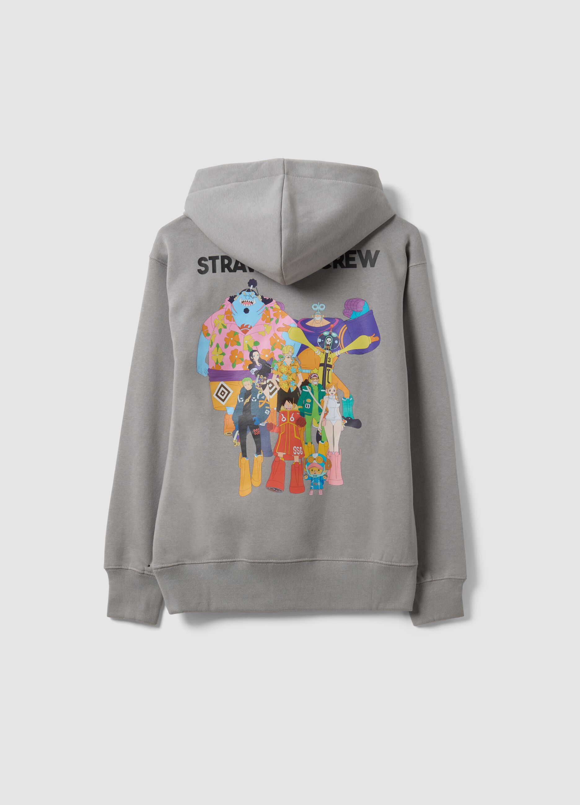 Grey hooded sweatshirt in cotton blend with One Piece print, oversized fit
