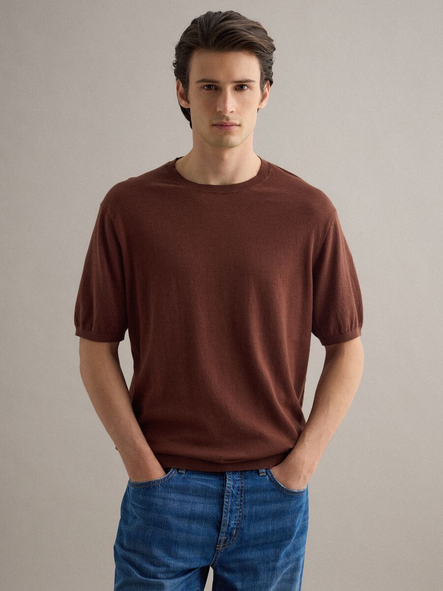 Short-sleeve brown regular fit t-shirt in cotton, linen and silk blend_3