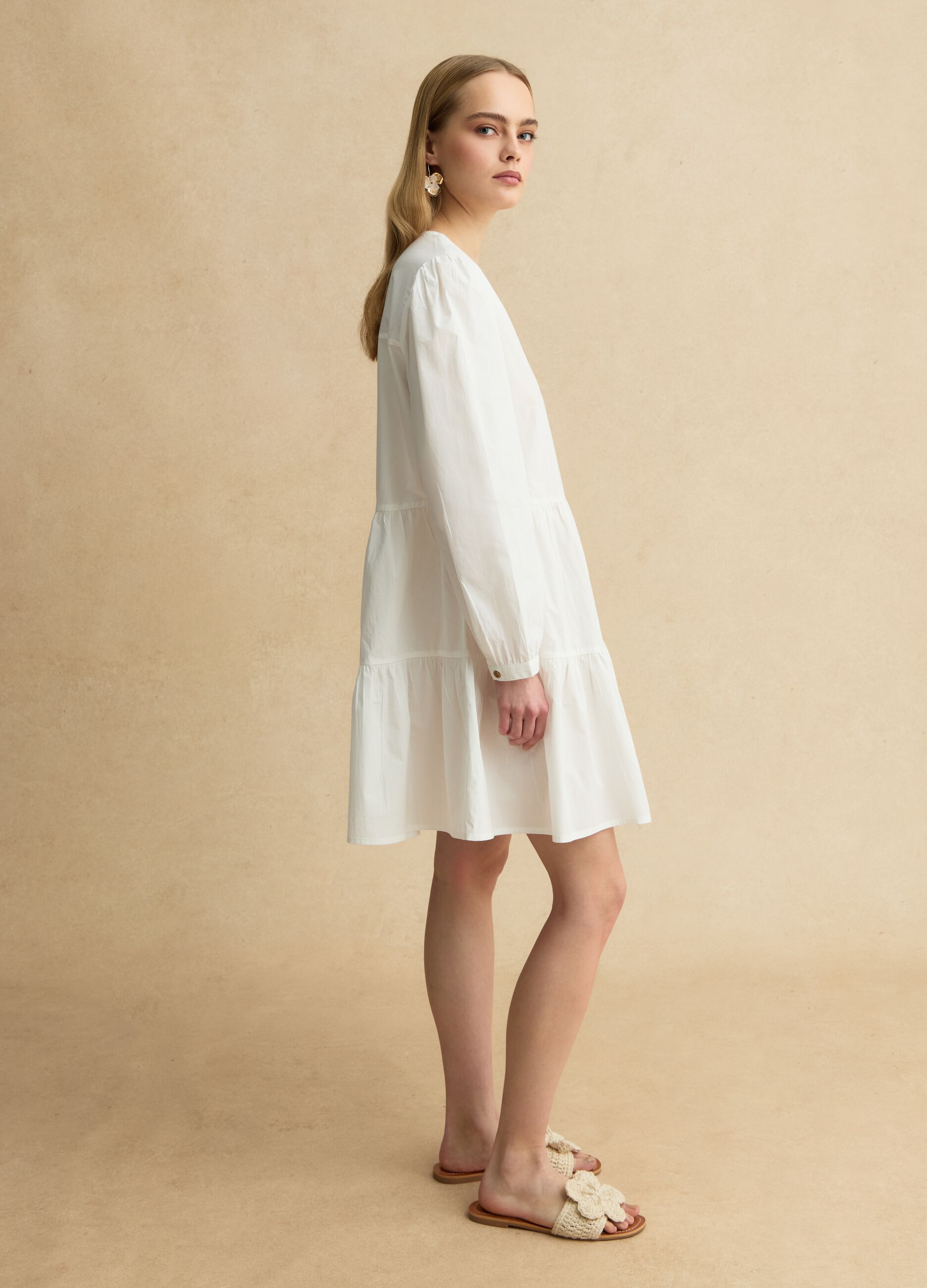 White pure cotton dress regular fit deep V