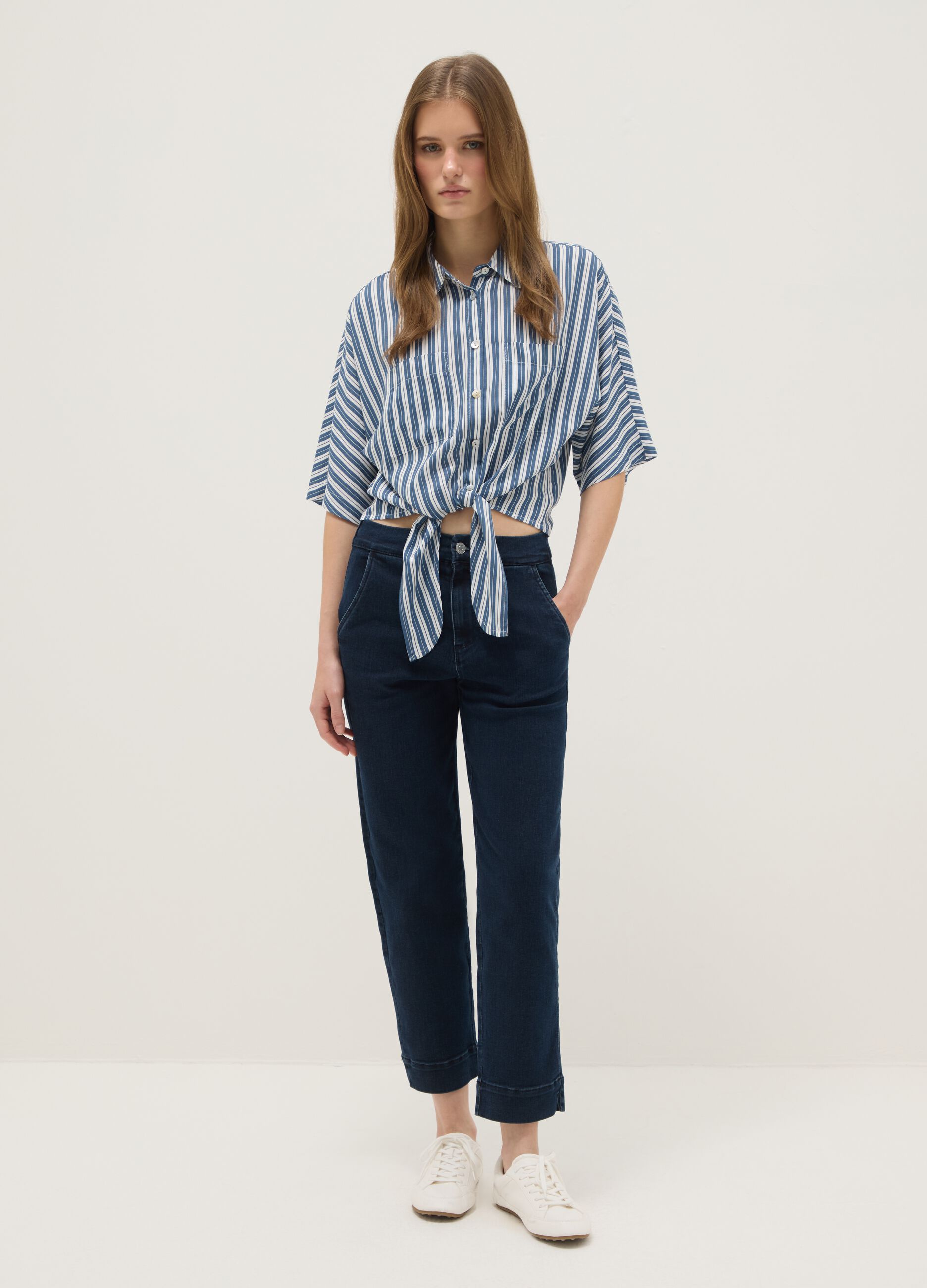 Mehrfarbig gestreiftes Regular-Fit-Hemd aus reiner Viskose