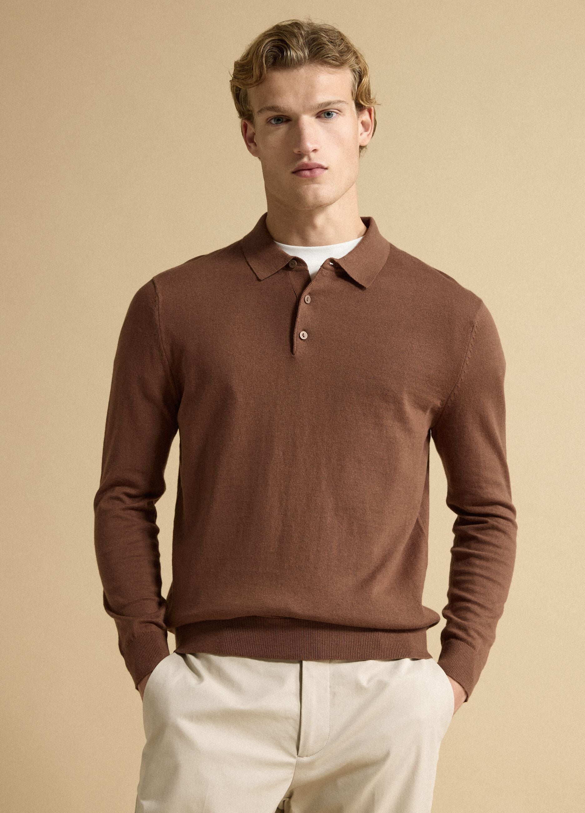 Brown long-sleeve regular-fit cotton and cashmere-blend polo shirt