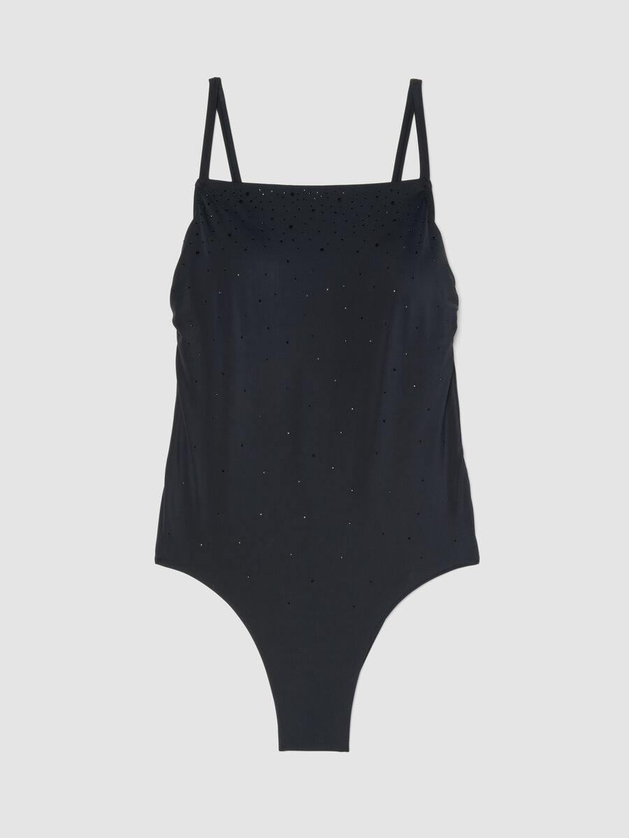 Schwarzer Badeanzug aus Stretchmaterial mit Tr&auml;gern_4