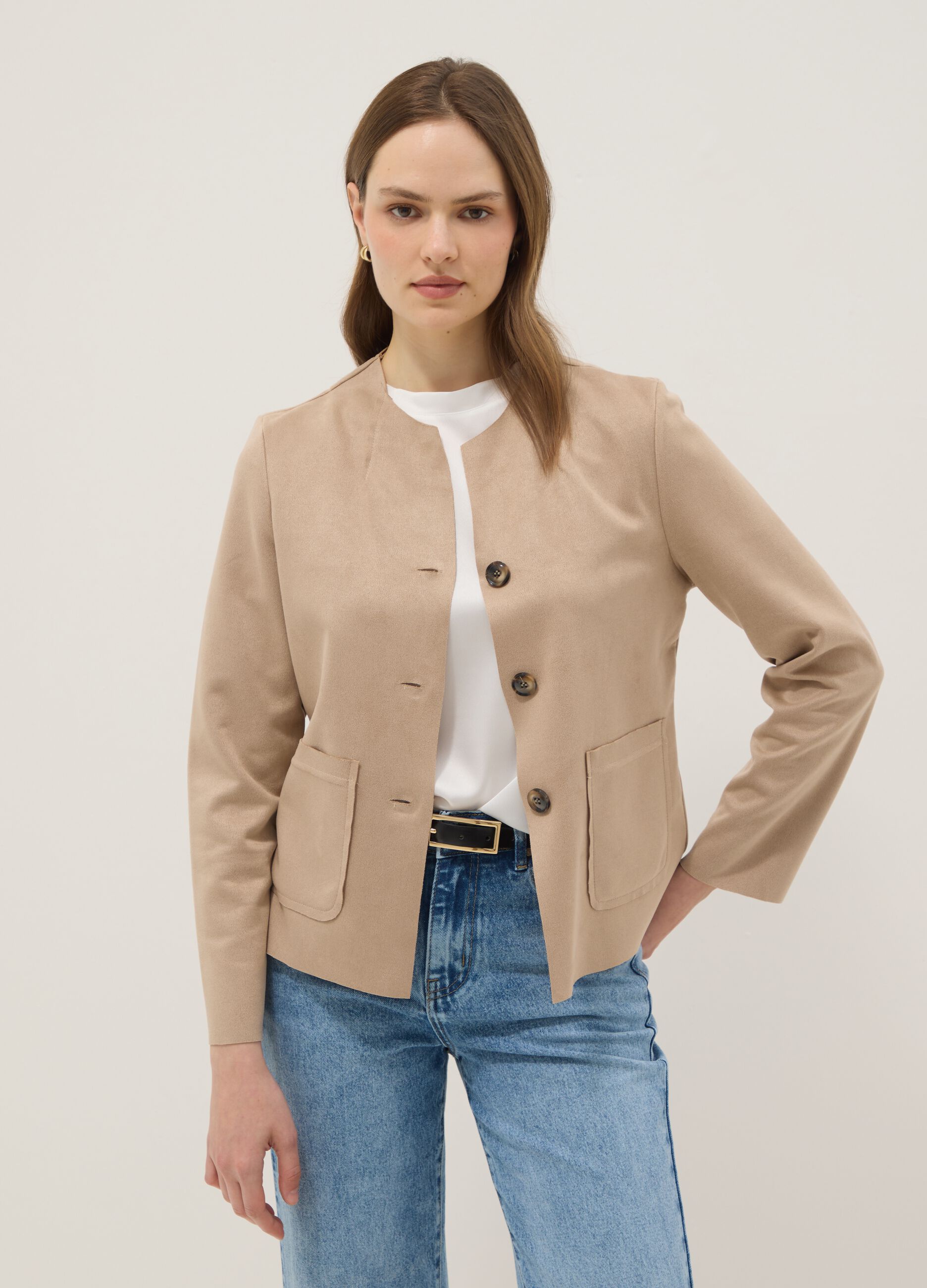 Beige regular fit jacket with front pockets