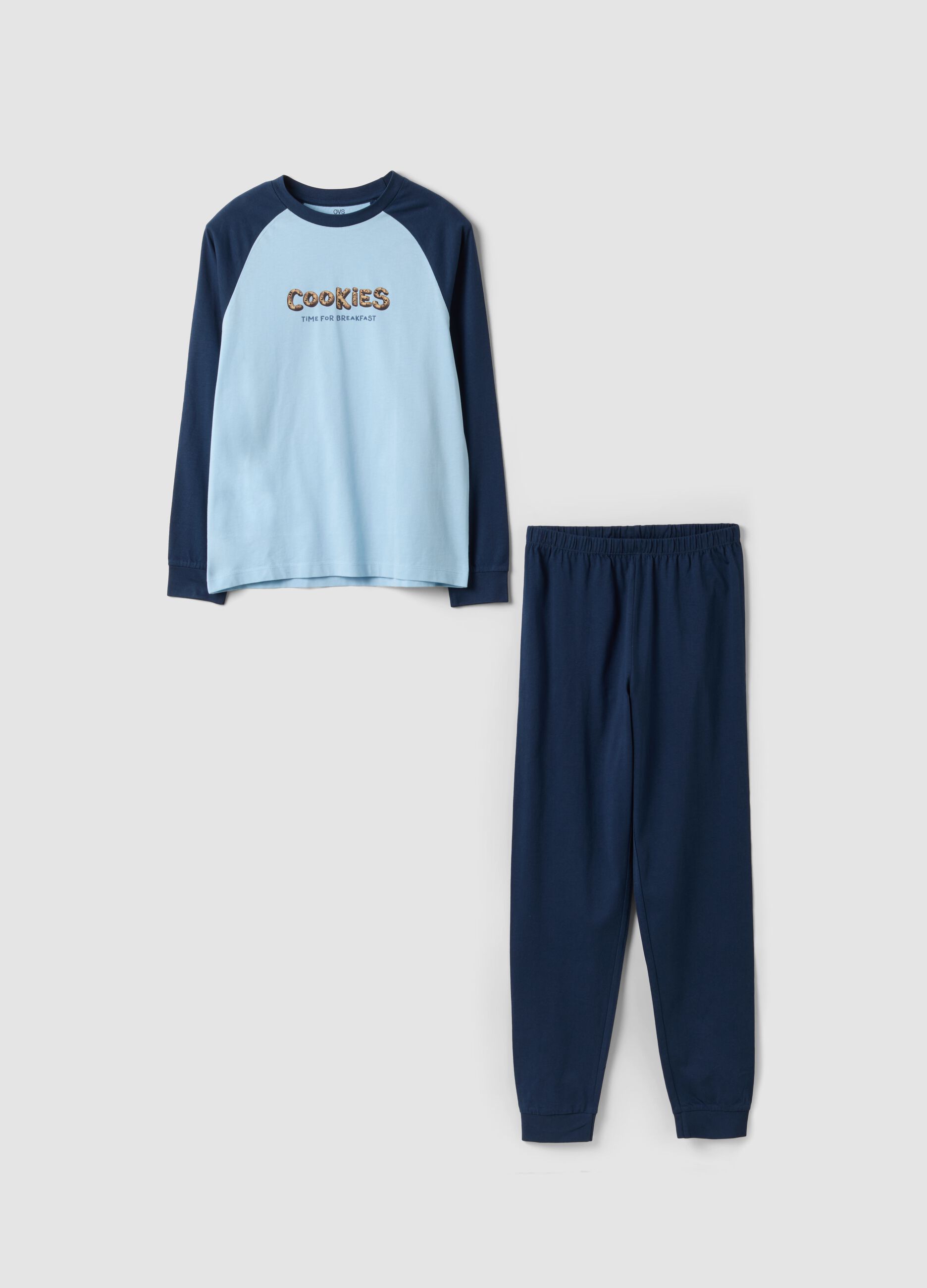 Blue organic cotton pyjamas with &ldquo;Cookies&rdquo; slogan for boys