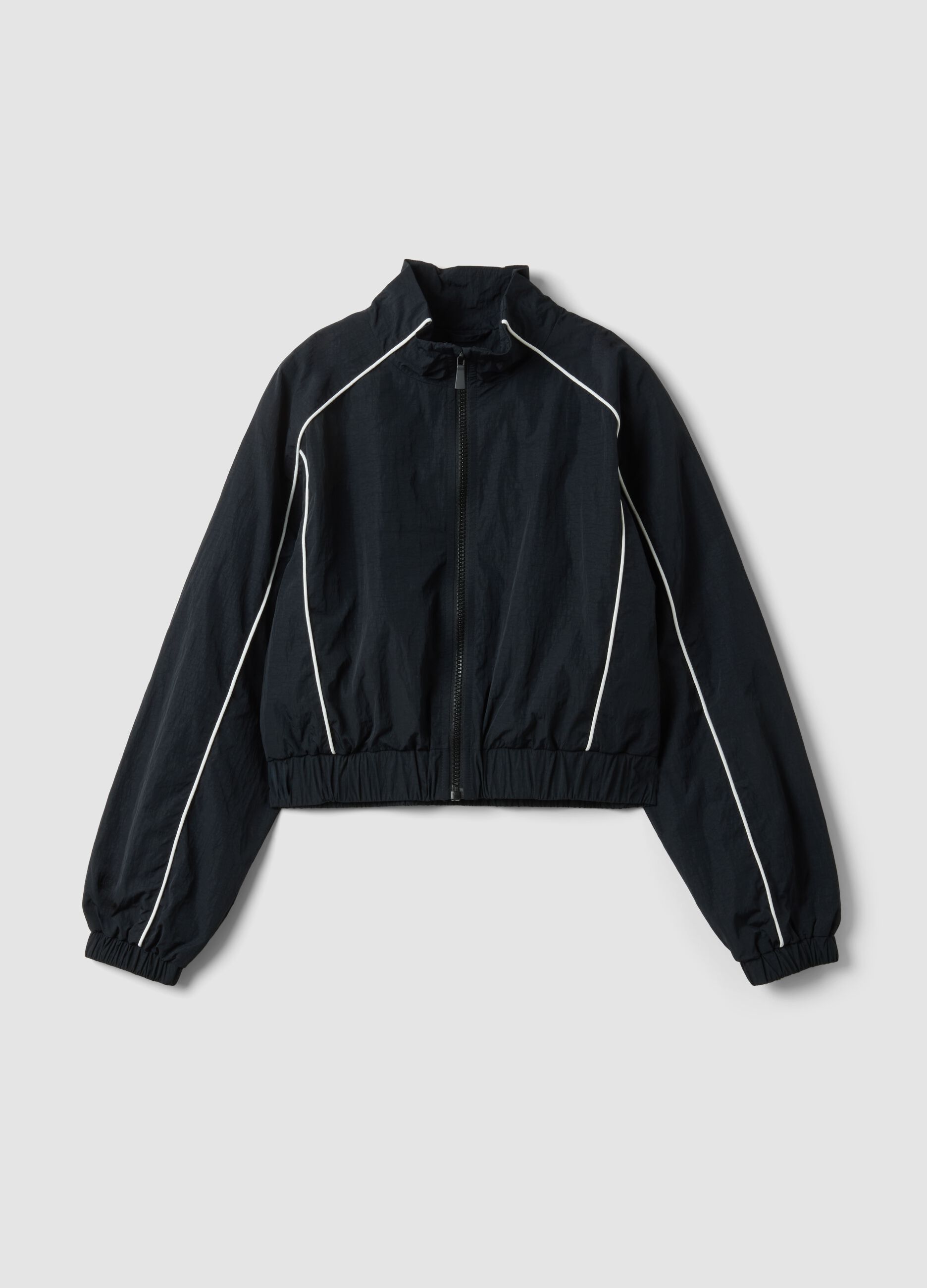 Schwarze Jacke mit Reissverschluss, Kontrastpaspeln und Stehkragen f&uuml;r M&auml;dchen