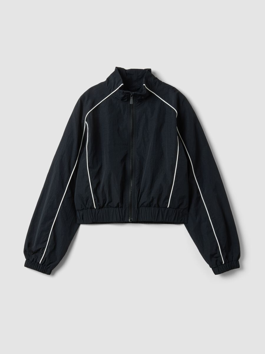 Black zip-up jacket with contrasting piping and high neck for girls_3