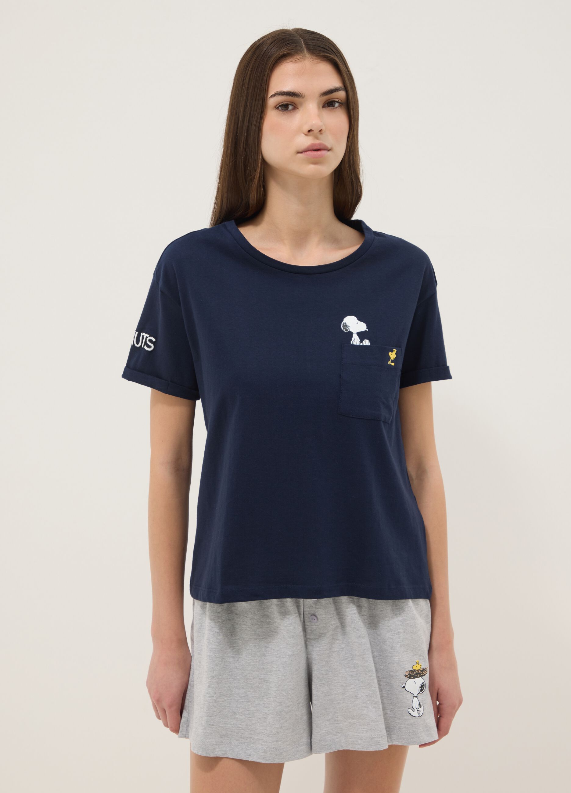 Blue and grey pure cotton short pyjamas with Peanuts print