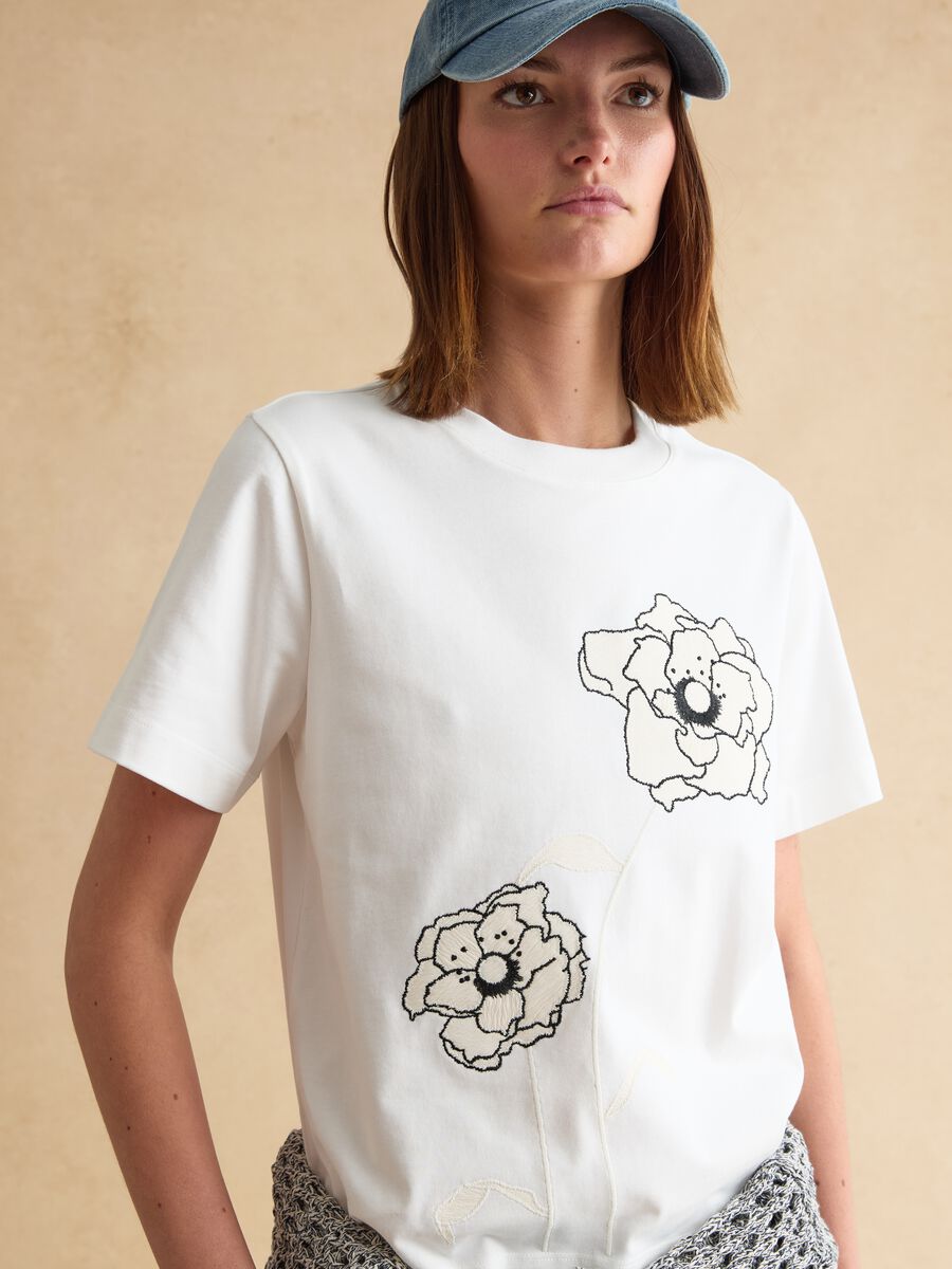 White regular fit pure cotton t-shirt with flowers_1