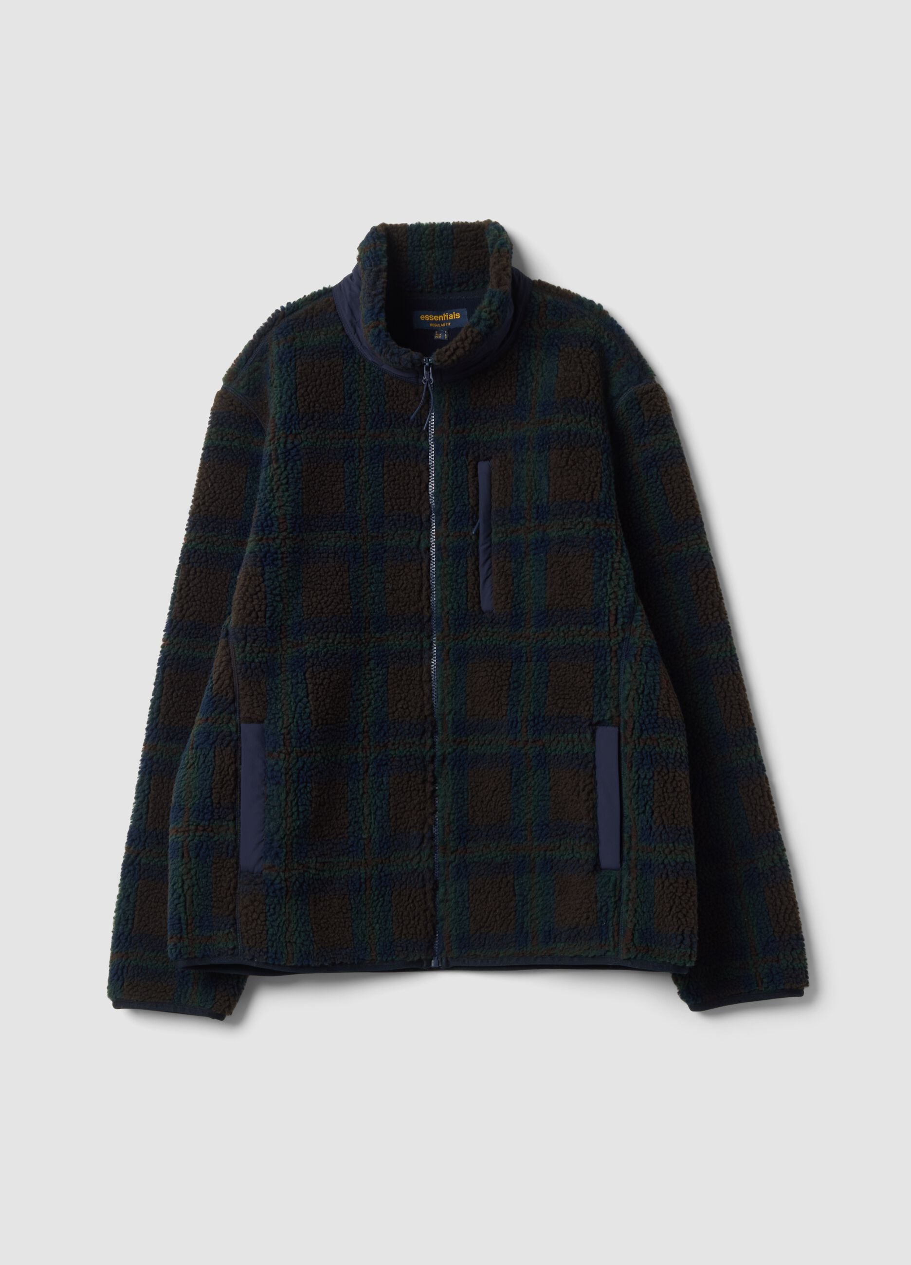 Blue and black checked sherpa-collar sweatshirt, regular fit