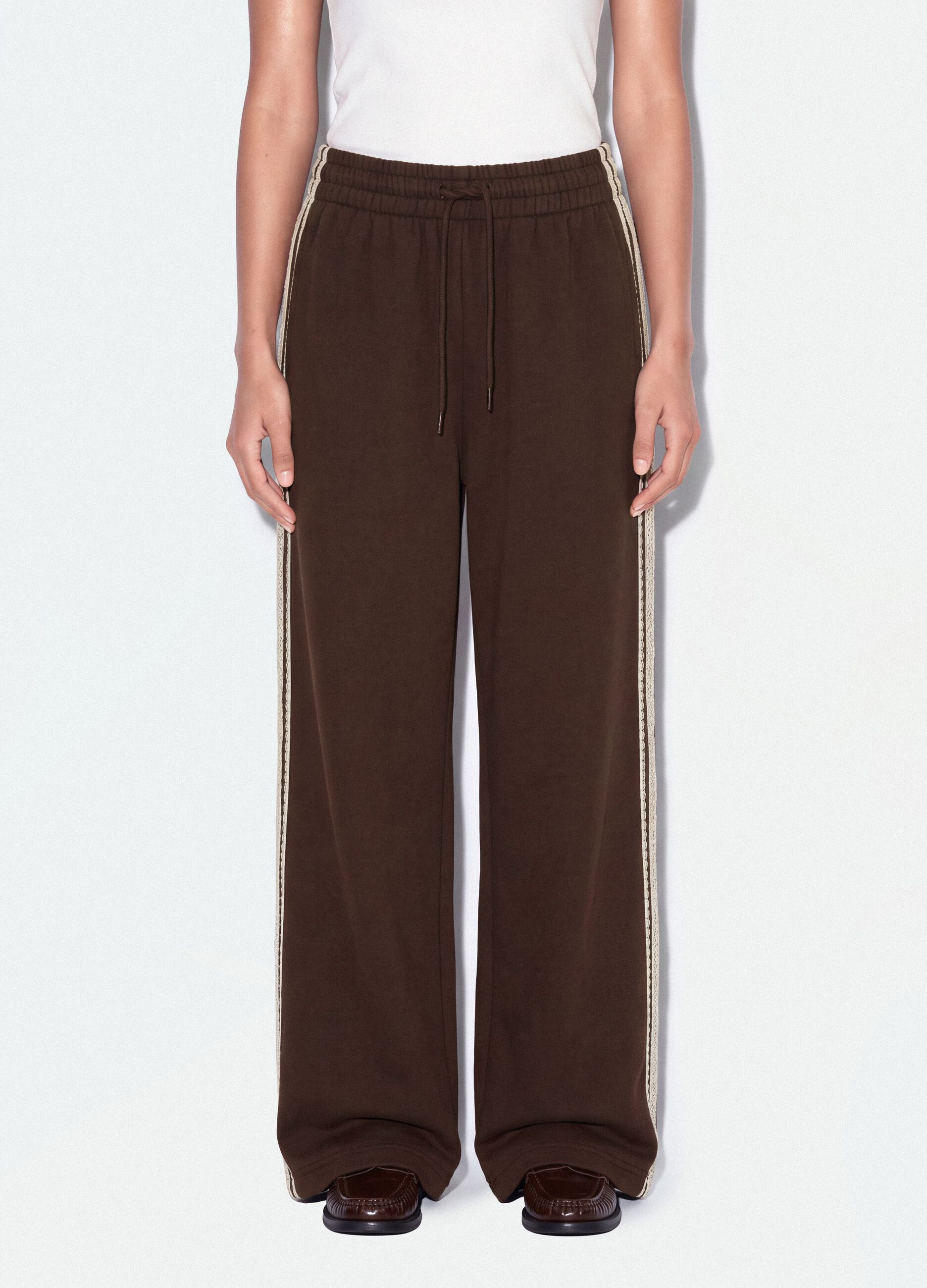 Brown cotton-blend wide-leg trousers with lace embroidery