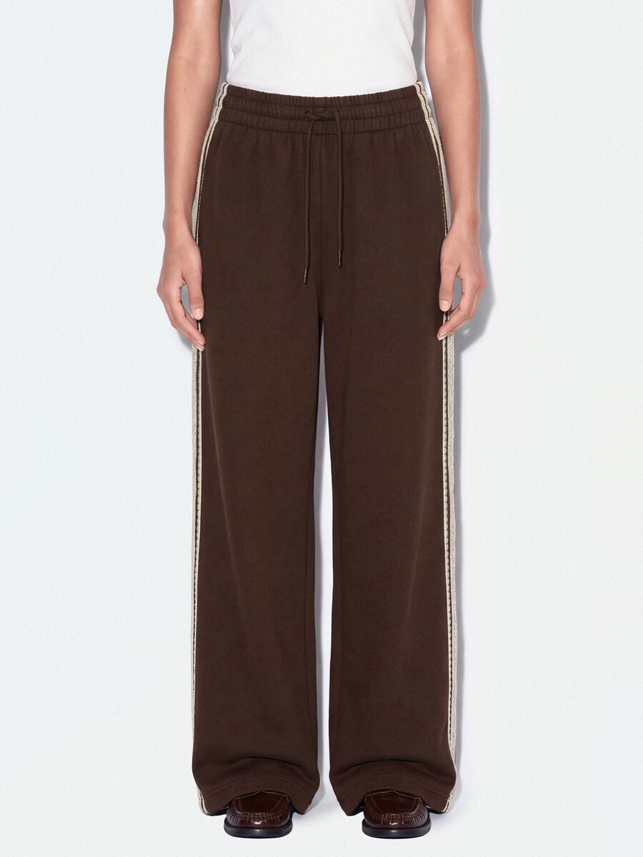 Brown cotton-blend wide-leg trousers with lace embroidery_1