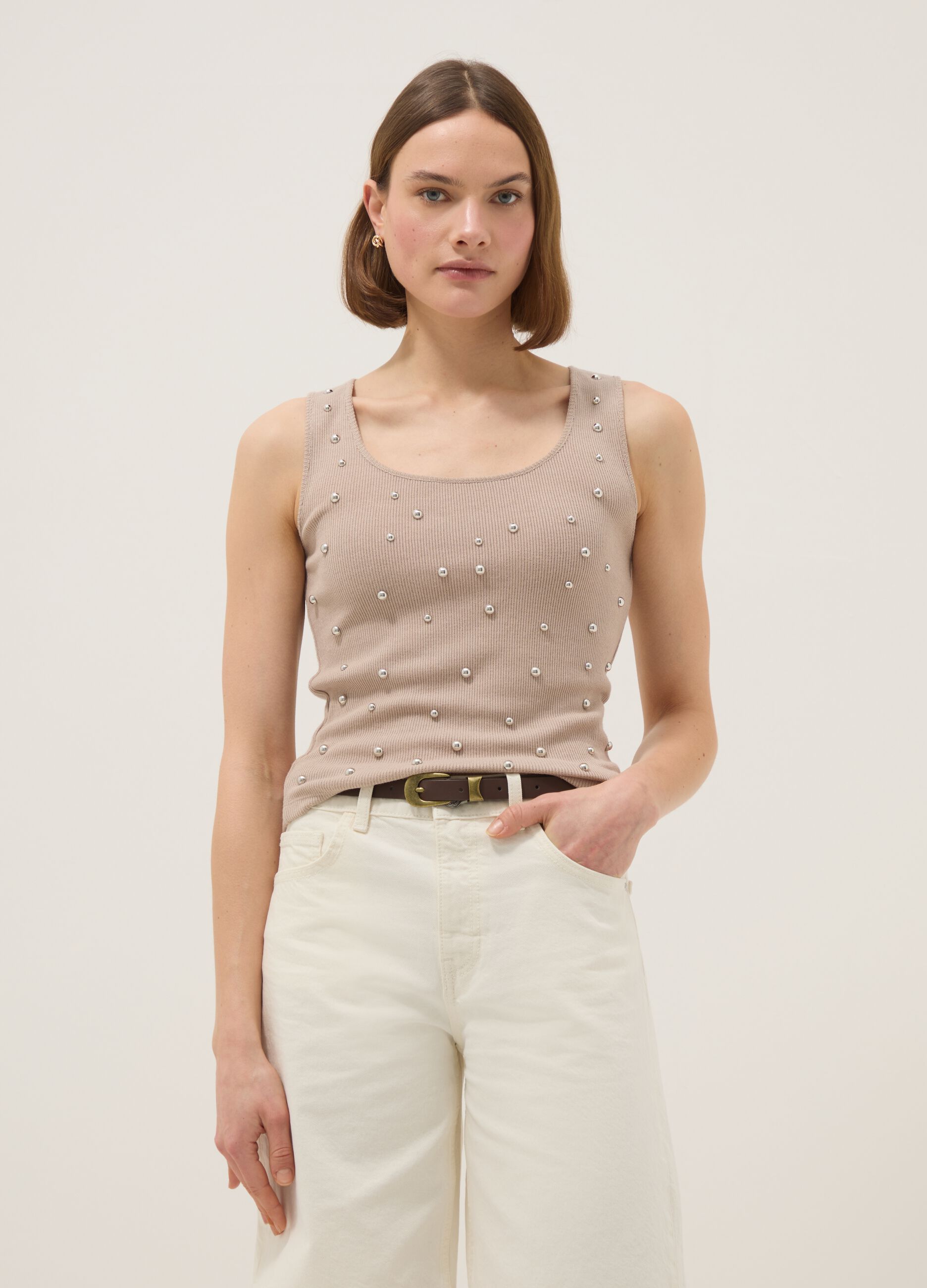 Beige regular fit tank top with metallic appliqu&eacute;s