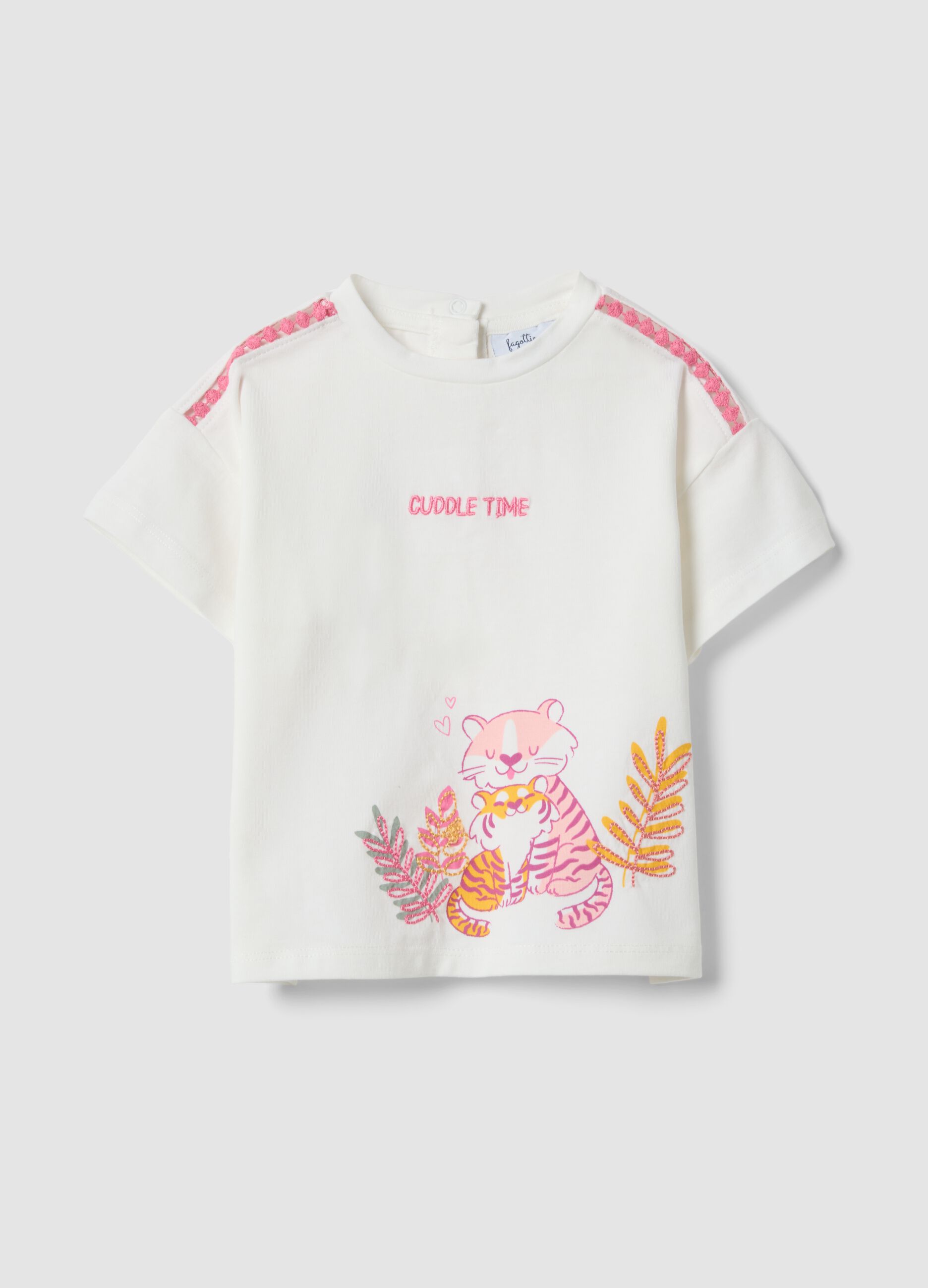 T-shirt branca em algod&atilde;o el&aacute;stico com estampado para beb&eacute; menina, corte regular