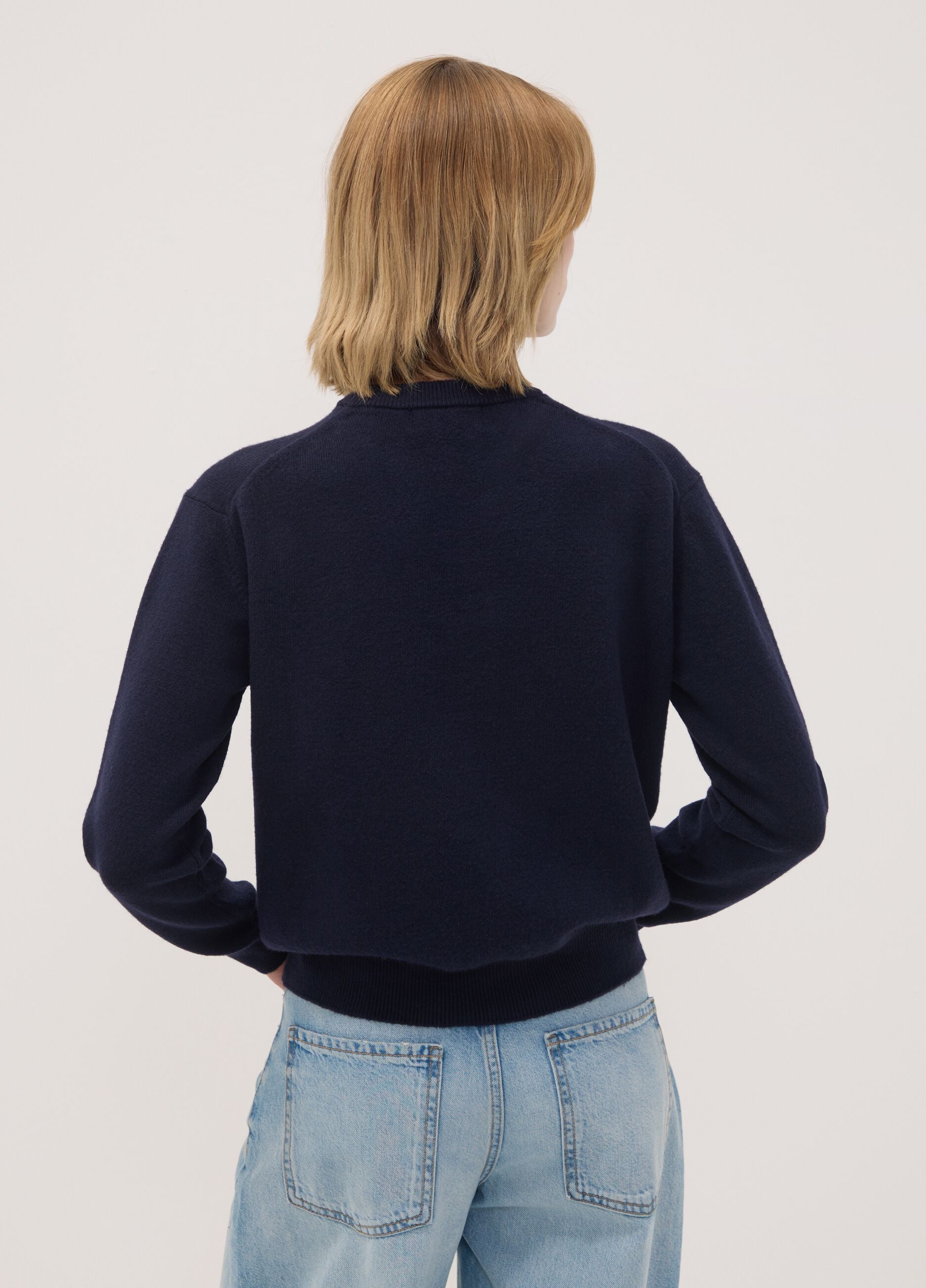 Blauer Rundhals-Pullover aus elastischer Wolle
