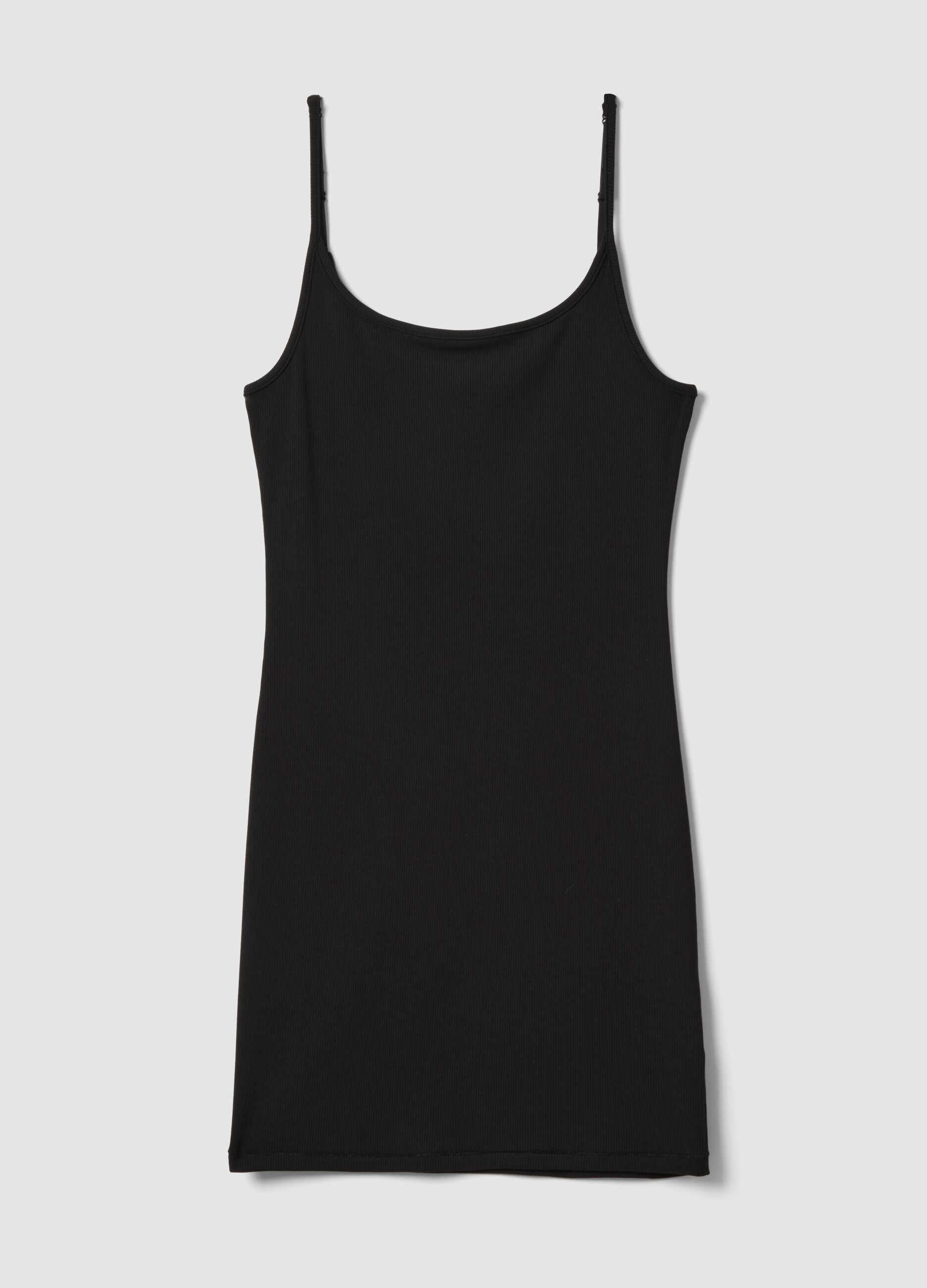 Black fitted ribbed stretch modal dress with straps