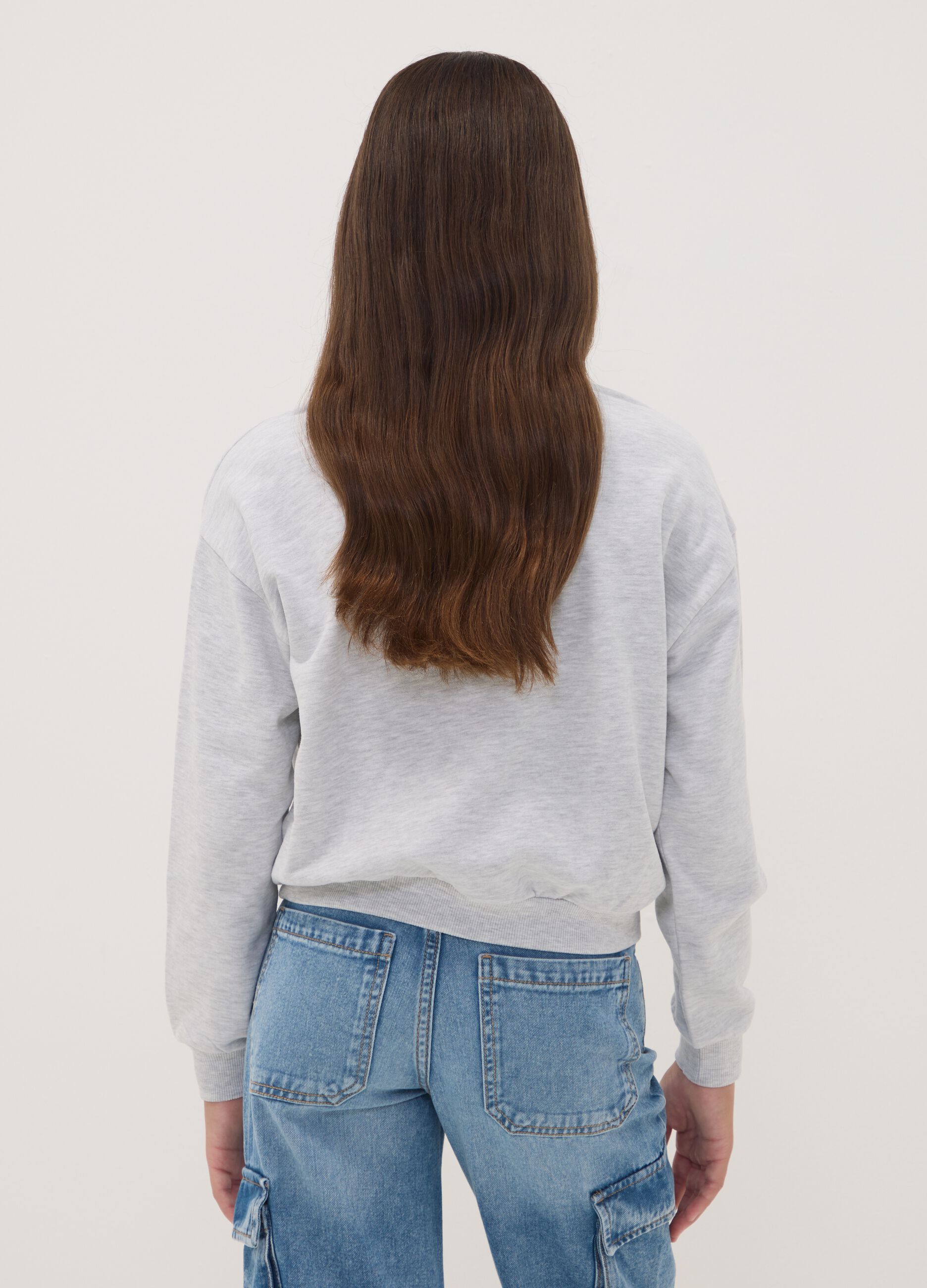 Sweatshirt cinzenta em mistura de algod&atilde;o com gola canelada e estampado Lilo & Stitch