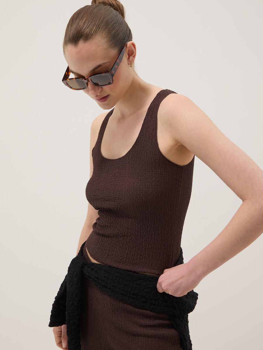Brown textured stretch vest top_0