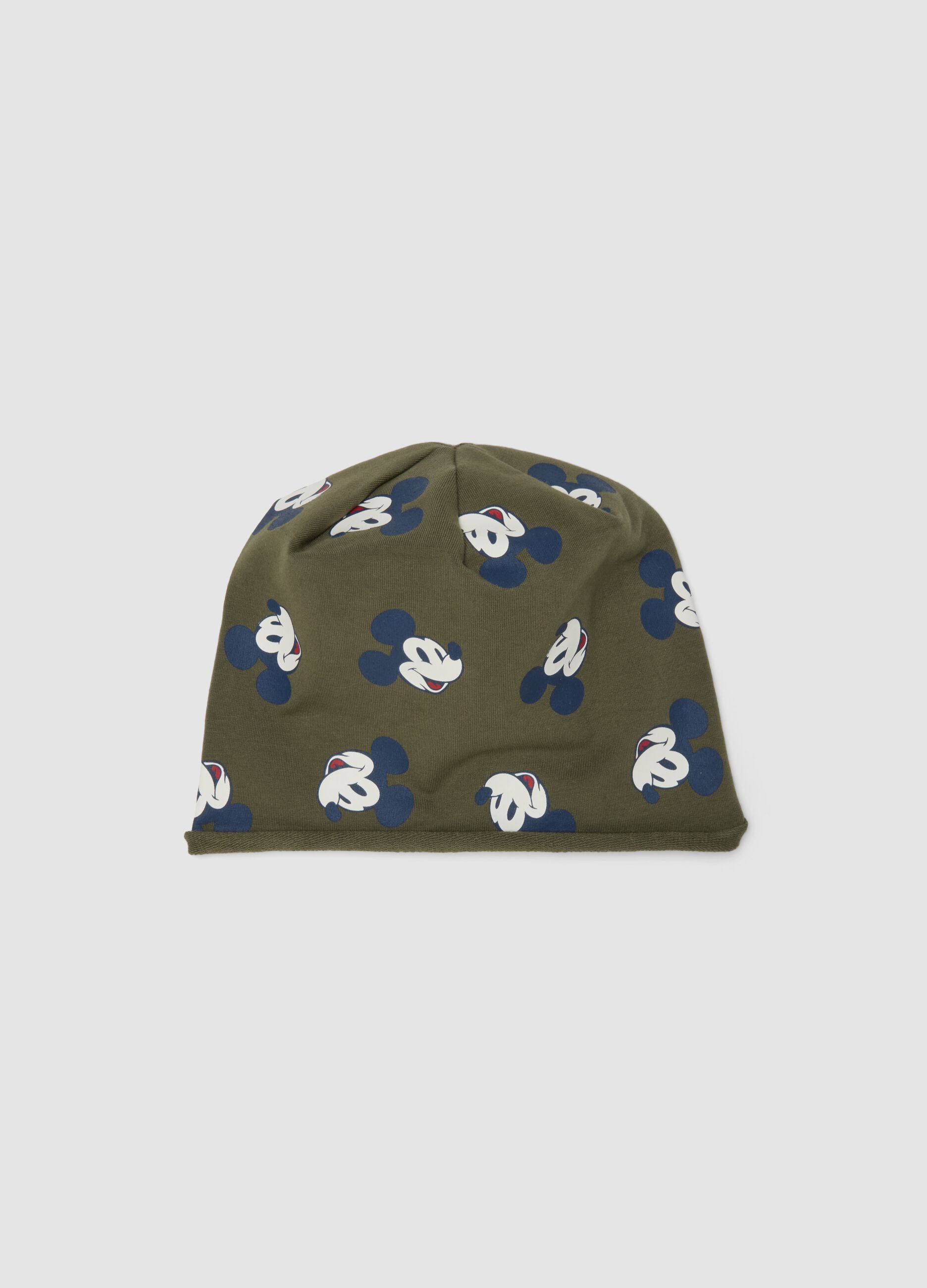 Green stretchy organic cotton hat with Mickey print for baby boy