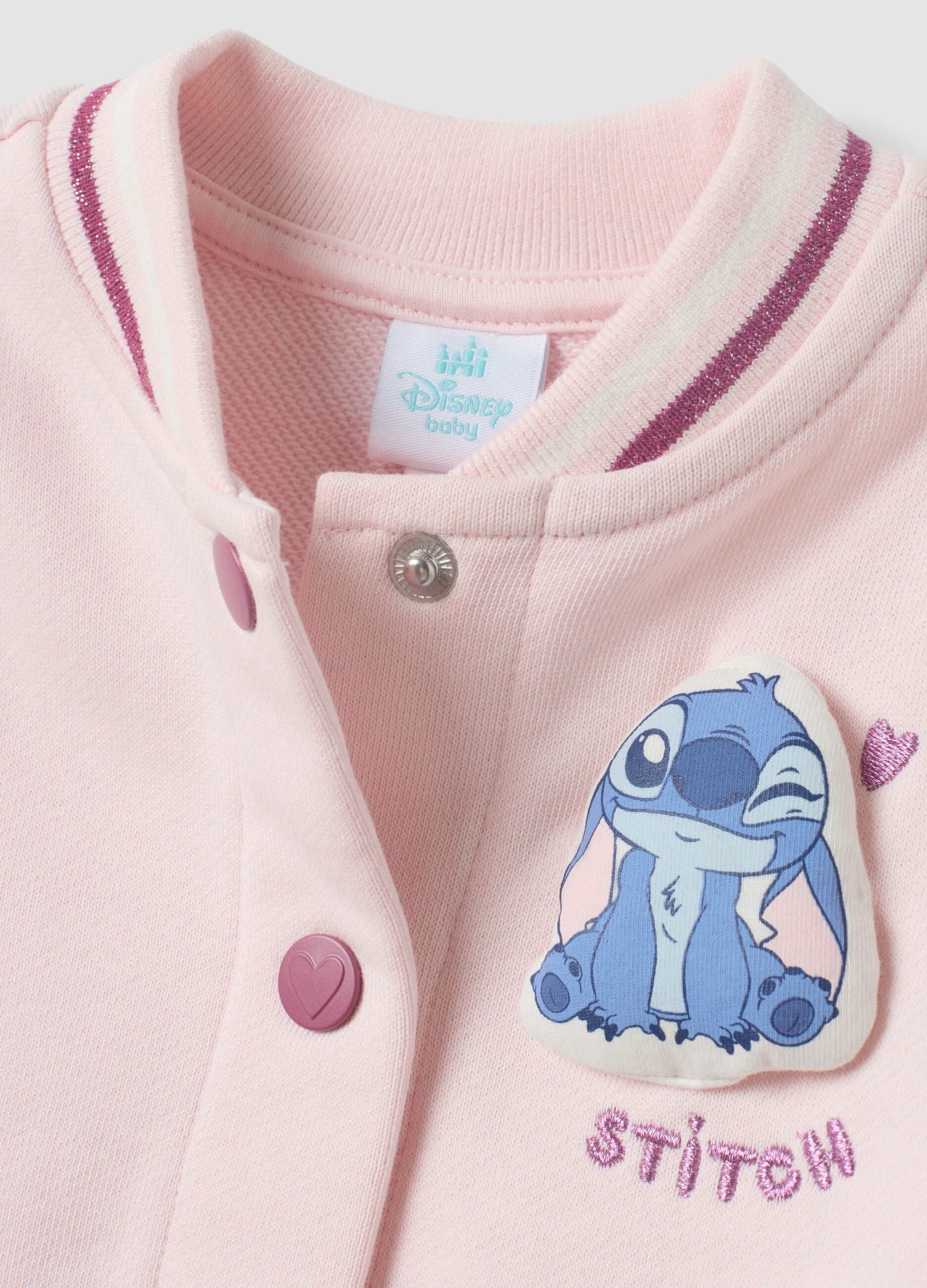 Pink 100% cotton sweatshirt with Lilo & Stitch snap buttons for baby girls