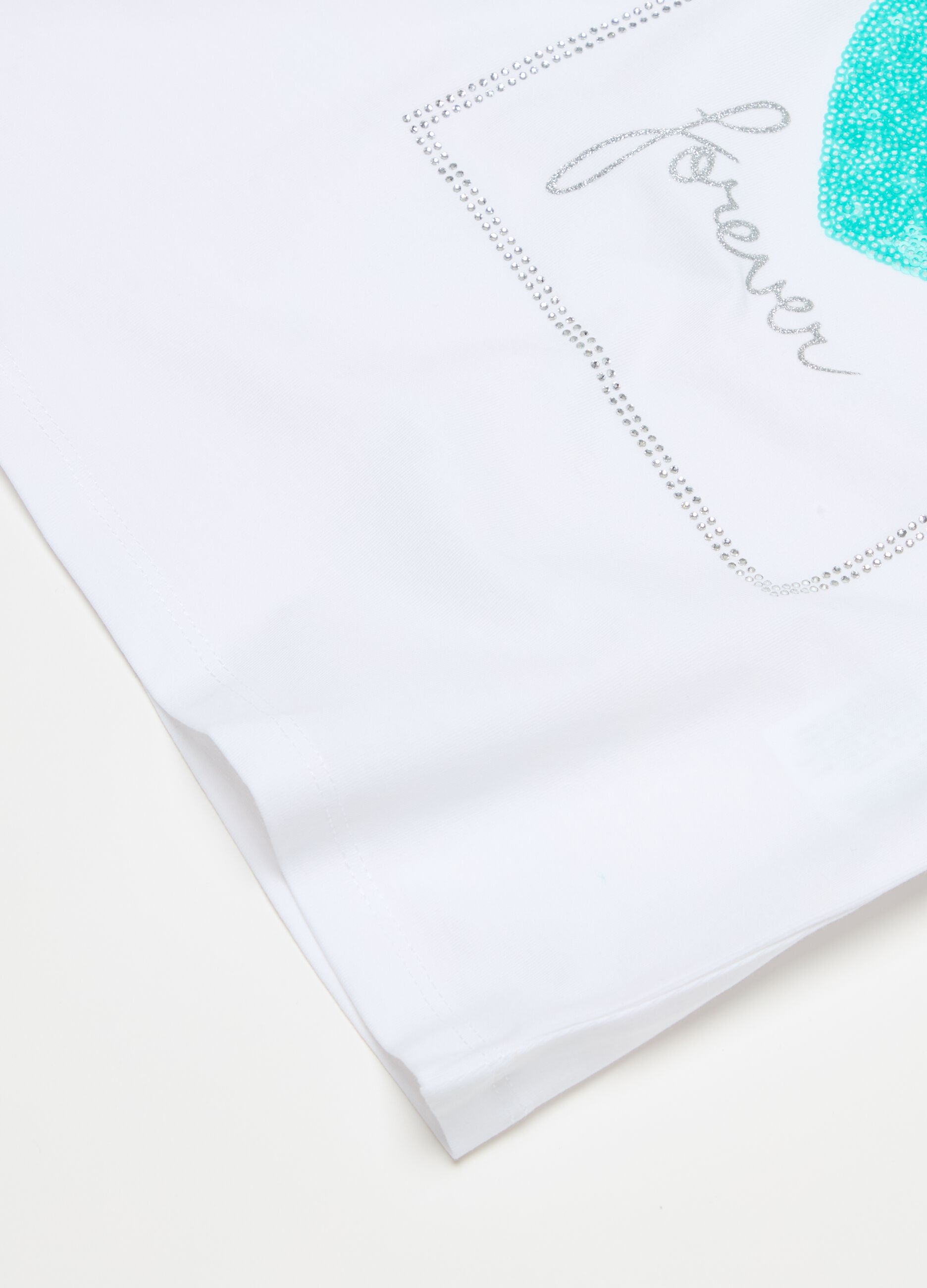 Stretch cotton T-shirt with diamantés and sequins