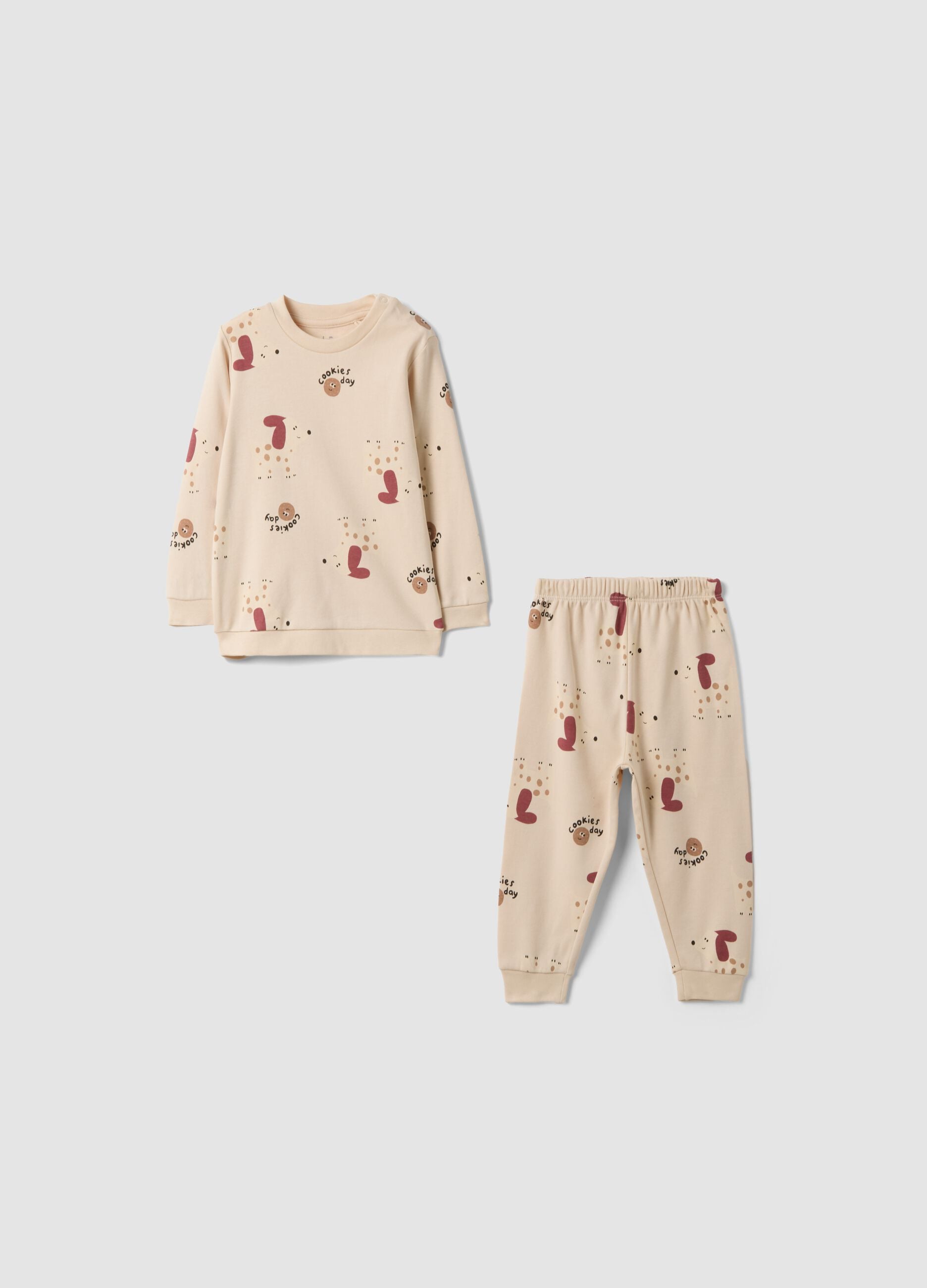 Pigiama beige in puro cotone organico con girocollo e fantasia per neonato