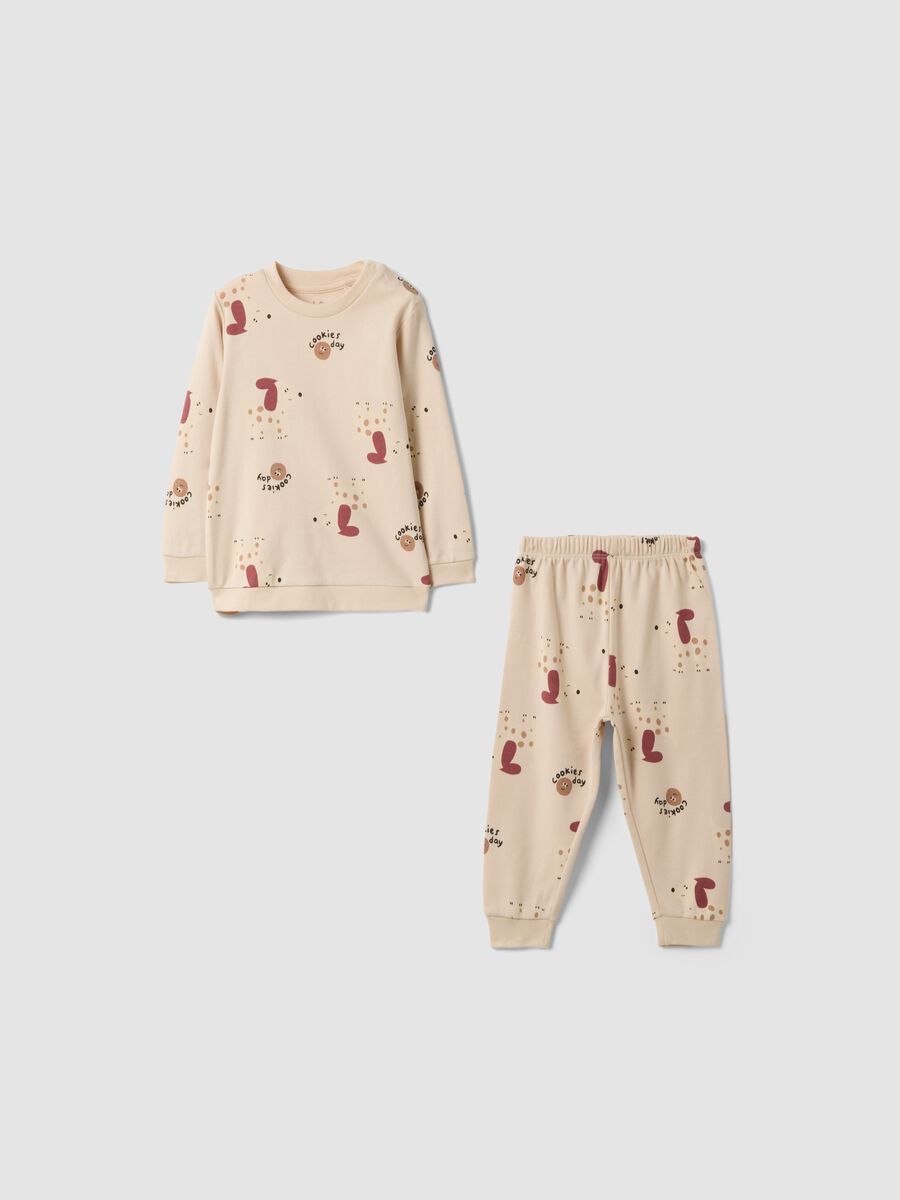Beige pure organic cotton crew-neck printed baby pyjamas_0