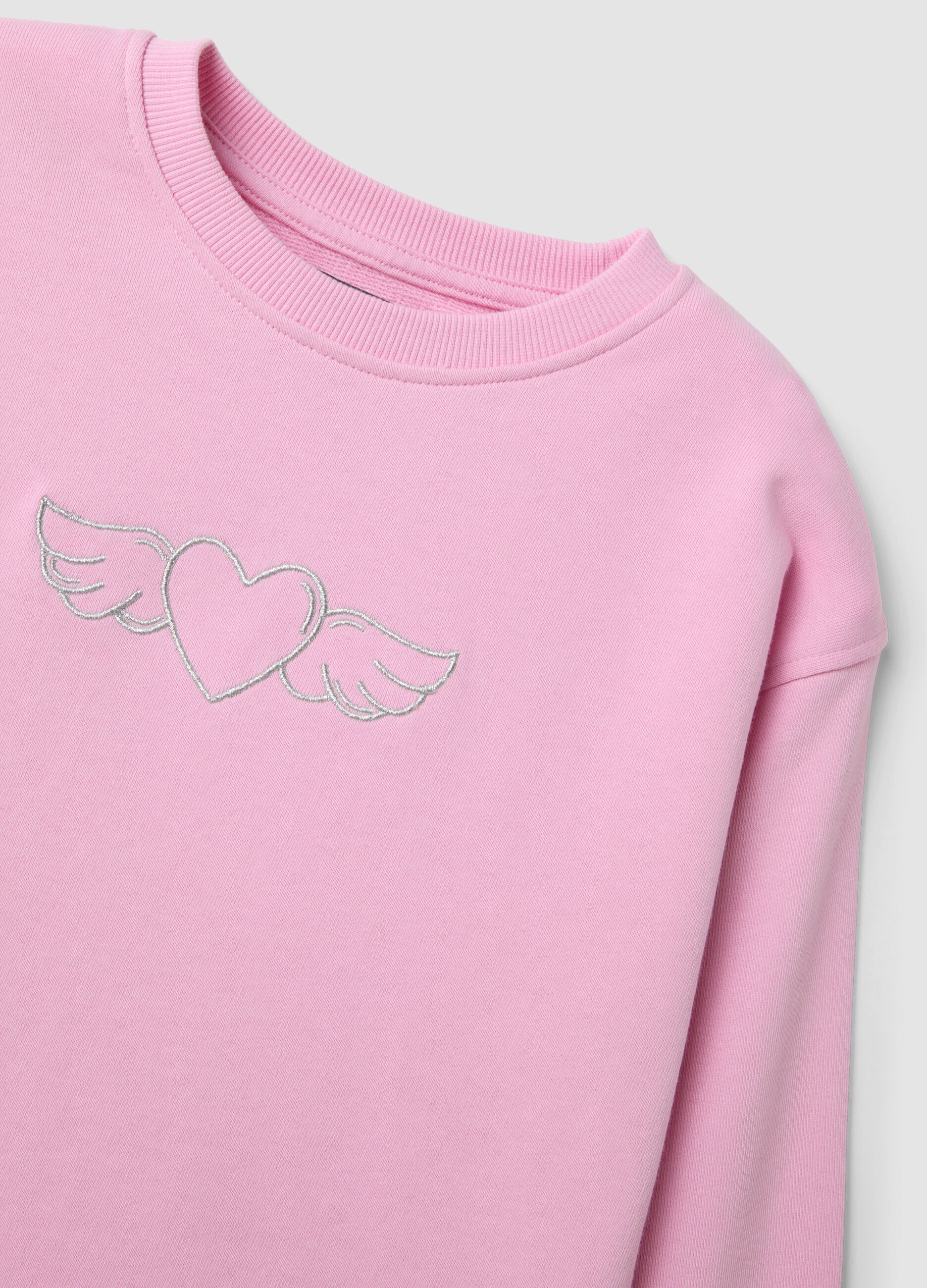 Pink pure cotton crew-neck sweatshirt with heart print for girls