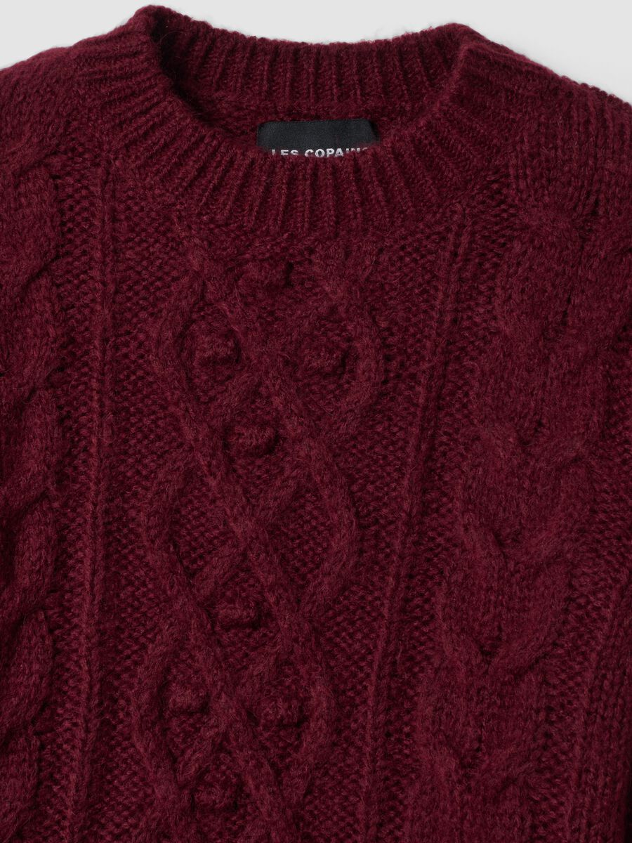 Burgundy red crew-neck cable-knit wool-blend jumper, regular fit_1