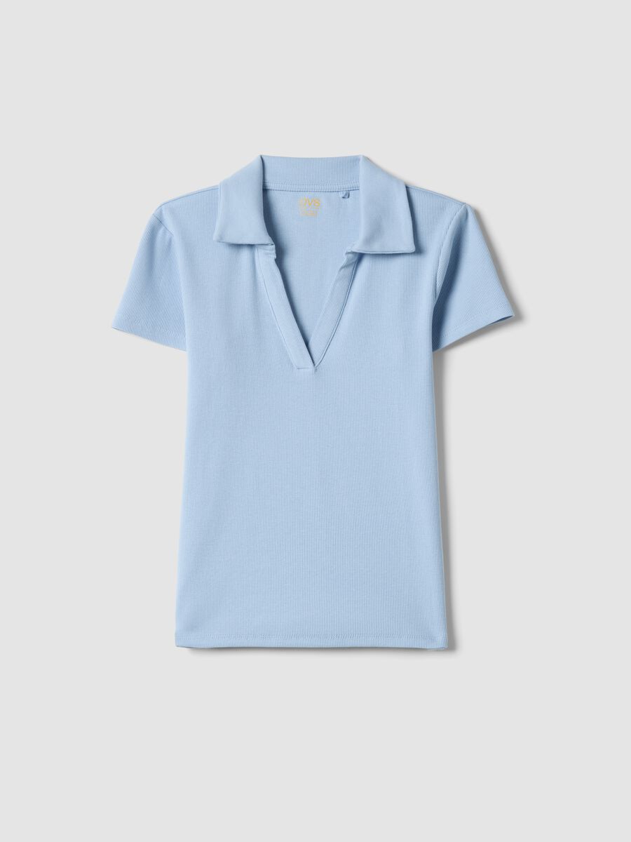 Sky Blue Stretch Cotton Polo Regular Fit Deep V-Neck_4