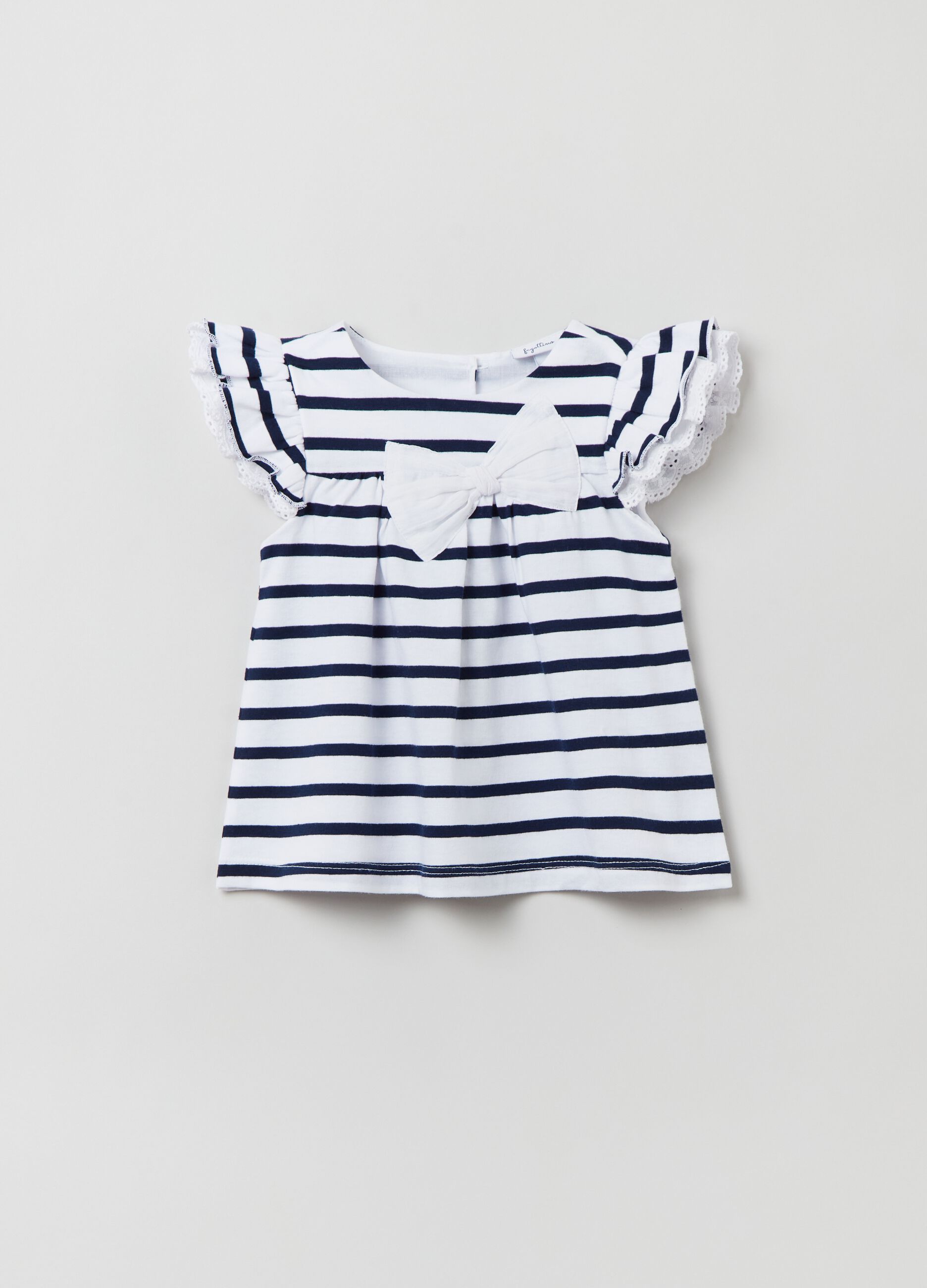 Striped T-shirt with bow and flounce