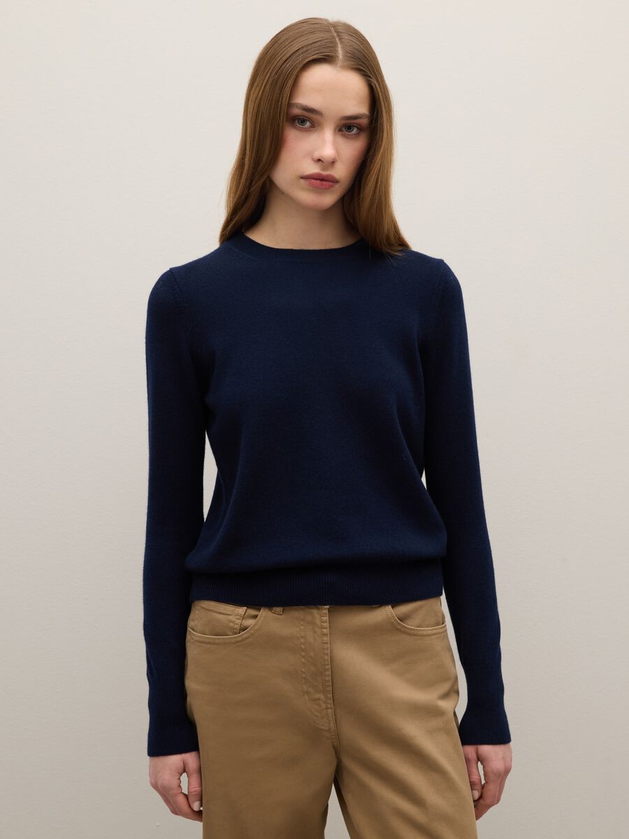 Regular Fit Blue Crew Neck Pure Cashmere Sweater_1